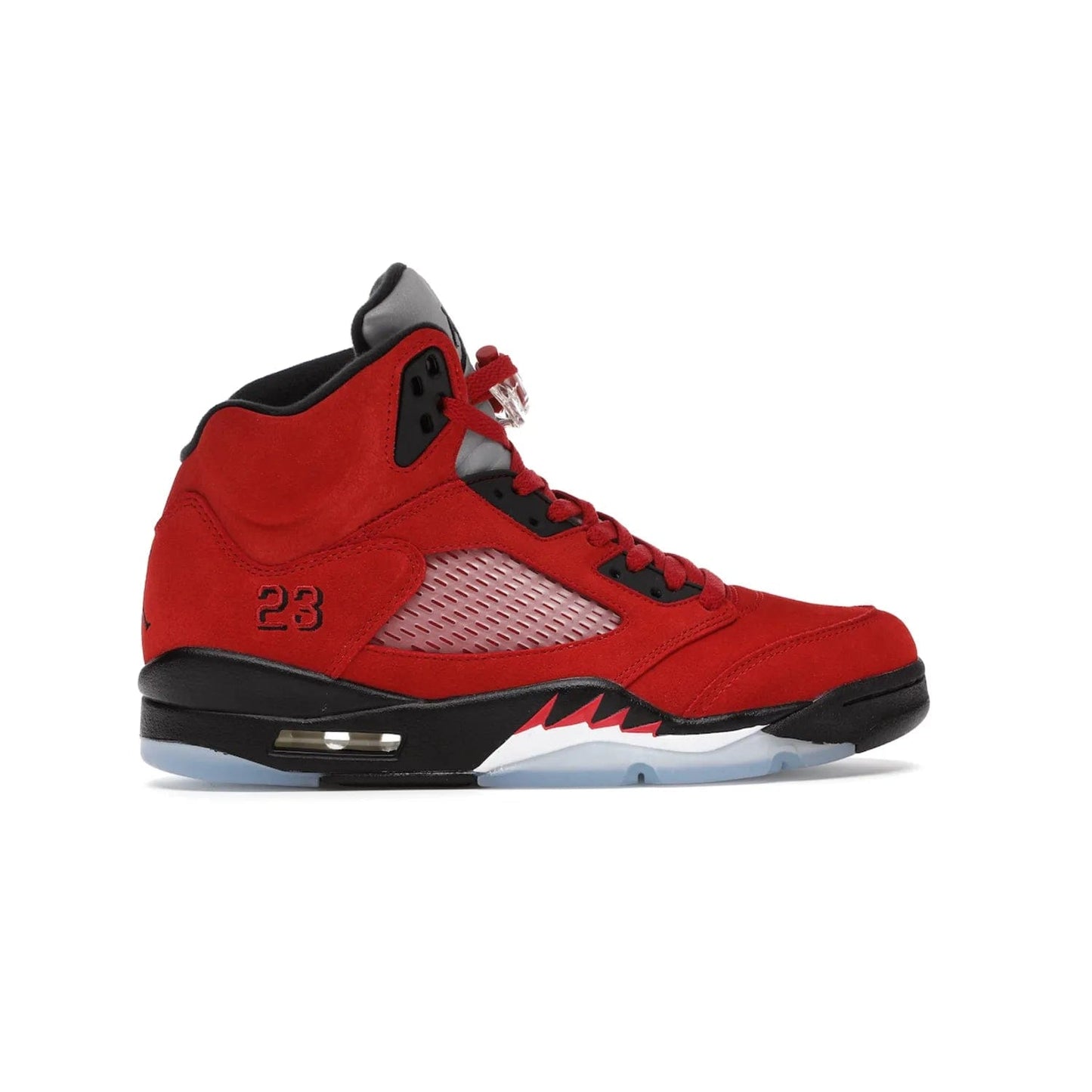 Jordan 5 Retro Raging Bull Red (2021) - Image 36 - Only at www.BallersClubKickz.com - Get ready for the 2021 stand-alone release of the Air Jordan 5 Raging Bulls! This all-suede upper combines luxe details like a Jumpman logo, red & black "23" embroidery and shark tooth detailing, atop a black midsole. Don't miss out - release date in April 2021 for $190.