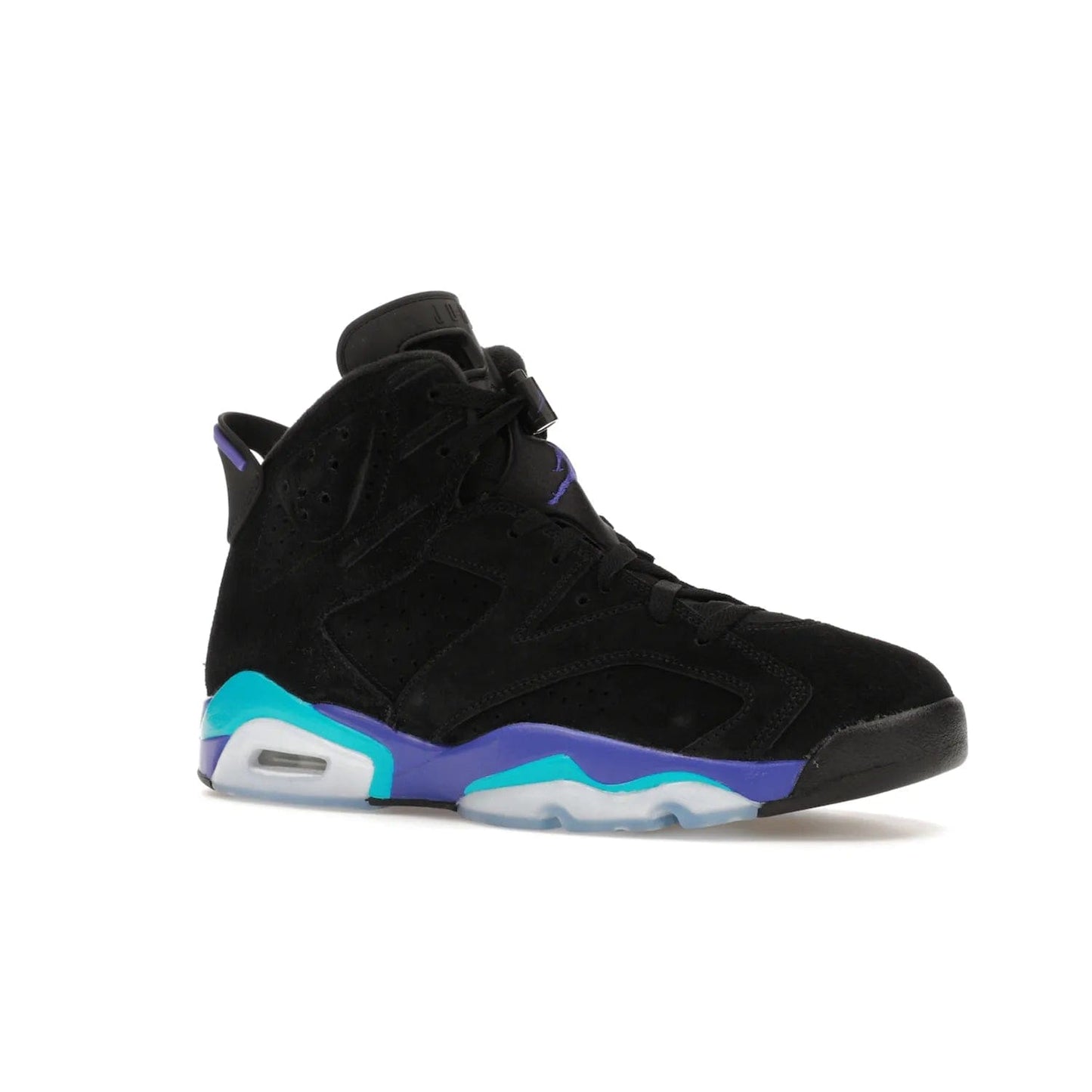 Jordan 6 Retro Aqua - Image 4 - Only at www.BallersClubKickz.com - Feel the classic Jordan 6 Retro Aqua paired with modern style. Black, Bright Concord, and Aquatone hues are crafted with a supple suede and rubberized heel tab. This standout sneaker adds signature Jordan elements at $200. Elevate your style with the Jordan 6 Retro Aqua.