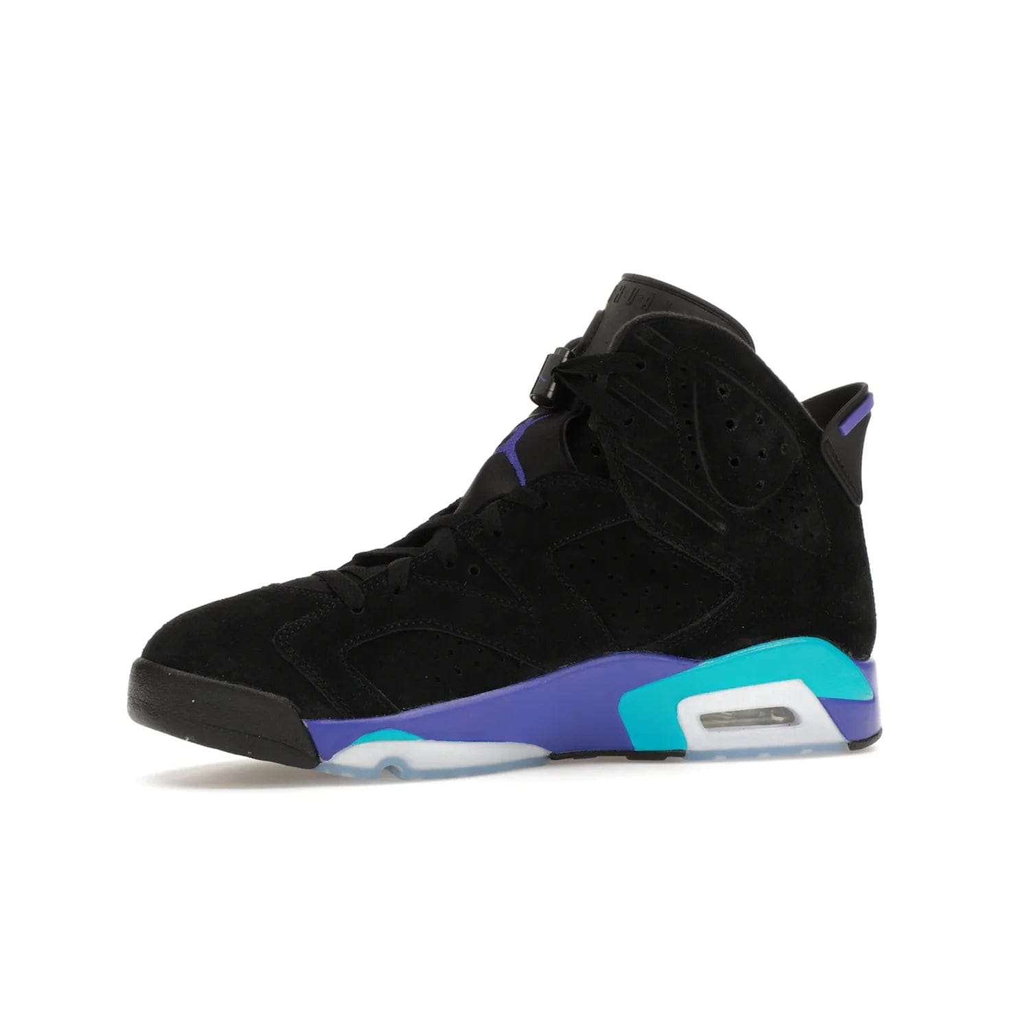Jordan 6 Retro Aqua - Image 17 - Only at www.BallersClubKickz.com - Feel the classic Jordan 6 Retro Aqua paired with modern style. Black, Bright Concord, and Aquatone hues are crafted with a supple suede and rubberized heel tab. This standout sneaker adds signature Jordan elements at $200. Elevate your style with the Jordan 6 Retro Aqua.