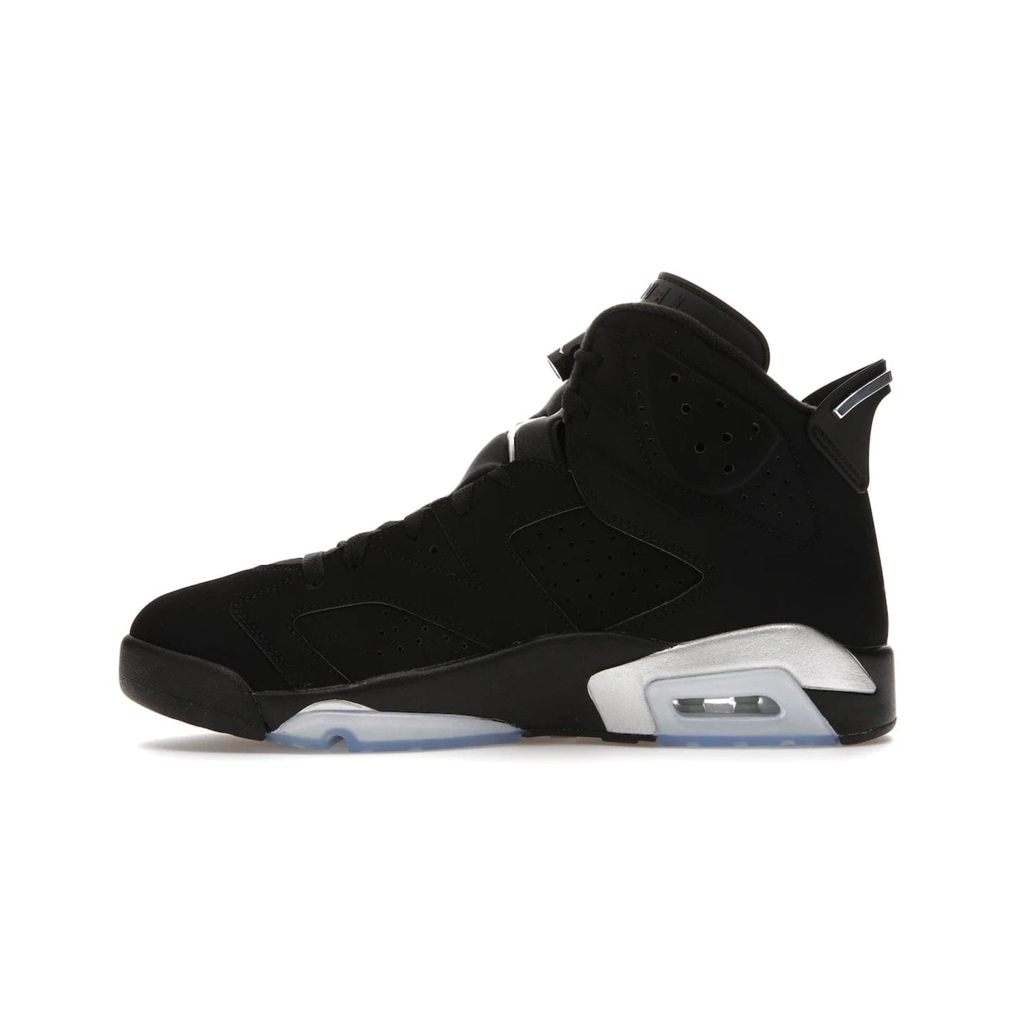 Jordan 6 Retro Chrome Metallic Silver - Image 19 - Only at www.BallersClubKickz.com - A signature sneaker from the Air Jordan franchise. Crafted with tumbled leather, synthetic nubuck, and synthetic textiles for superior comfort and support. Black and metallic silver colour palette. Black polyurethane midsole, translucent rubber outsole, Jumpman branding, windowed tongue, lace locks & spoiler-like heel tab. Air Jordan 6 Retro Metallic Silver for an athletic upgrade with a touch of class.