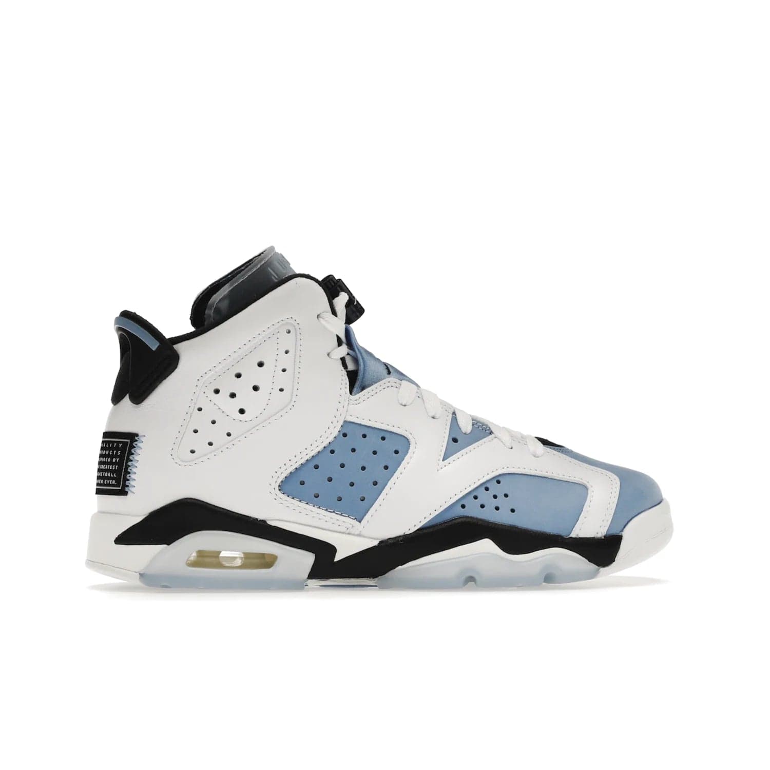 Jordan 6 Retro UNC White (GS) - Image 36 - Only at www.BallersClubKickz.com - Air Jordan 6 Retro UNC White GS: Michael Jordan alma mater, UNC Tar Heels, featuring colorway, nubuck, leather, Jumpman branding and a visible Air unit. Translucent blue/white outsole, perfect for completing sneaker rotation.