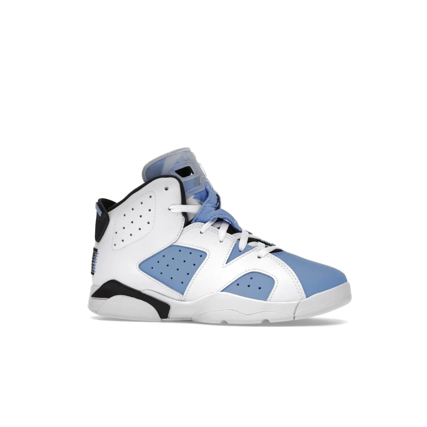 Jordan 6 Retro UNC White (PS) - Image 3 - Only at www.BallersClubKickz.com - The Air Jordan 6 Retro UNC White PS celebrates Michael Jordan's alma mater, the University of North Carolina. It features a classic color-blocking of the iconic Jordan 6 Carmine and a stitched Jordan Team patch. This must-have sneaker released on April 27th, 2022. Referencing the university colors, get this shoe for a stylish and timeless style with university pride.