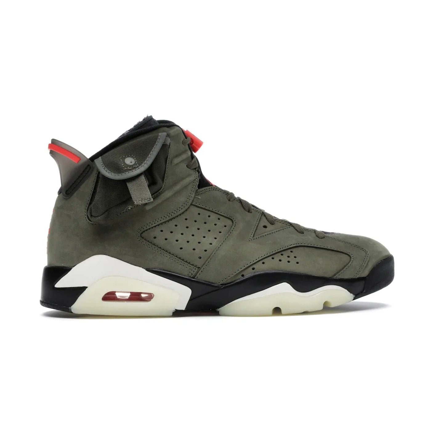 Jordan 6 Retro Travis Scott - Image 36 - Only at www.BallersClubKickz.com - Iconic AJ 6 silhouette from Travis Scott & Jordan Brand. Get the eye-catching Medium Olive/Black-Sail-University Red colourway today and upgrade your style.