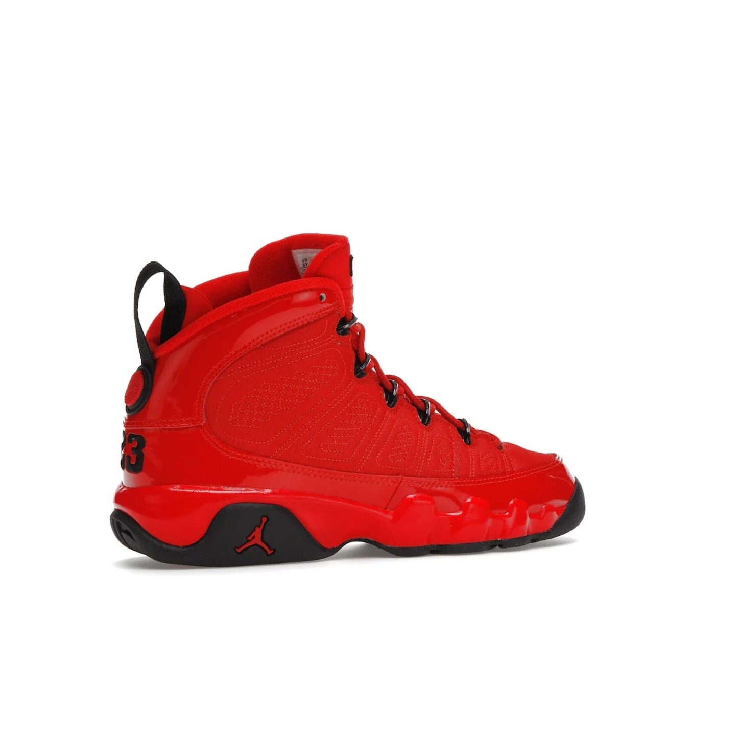 Jordan 9 Retro Chile Red (GS) - Image 34 - Only at www.BallersClubKickz.com - Introducing the Air Jordan 9 Retro Chile Red (GS), a vintage 1993 silhouette with fiery colorway. Features quilted side paneling, glossy patent leather, pull tabs, black contrast accents, and foam midsole. Launching May 2022 for $140.