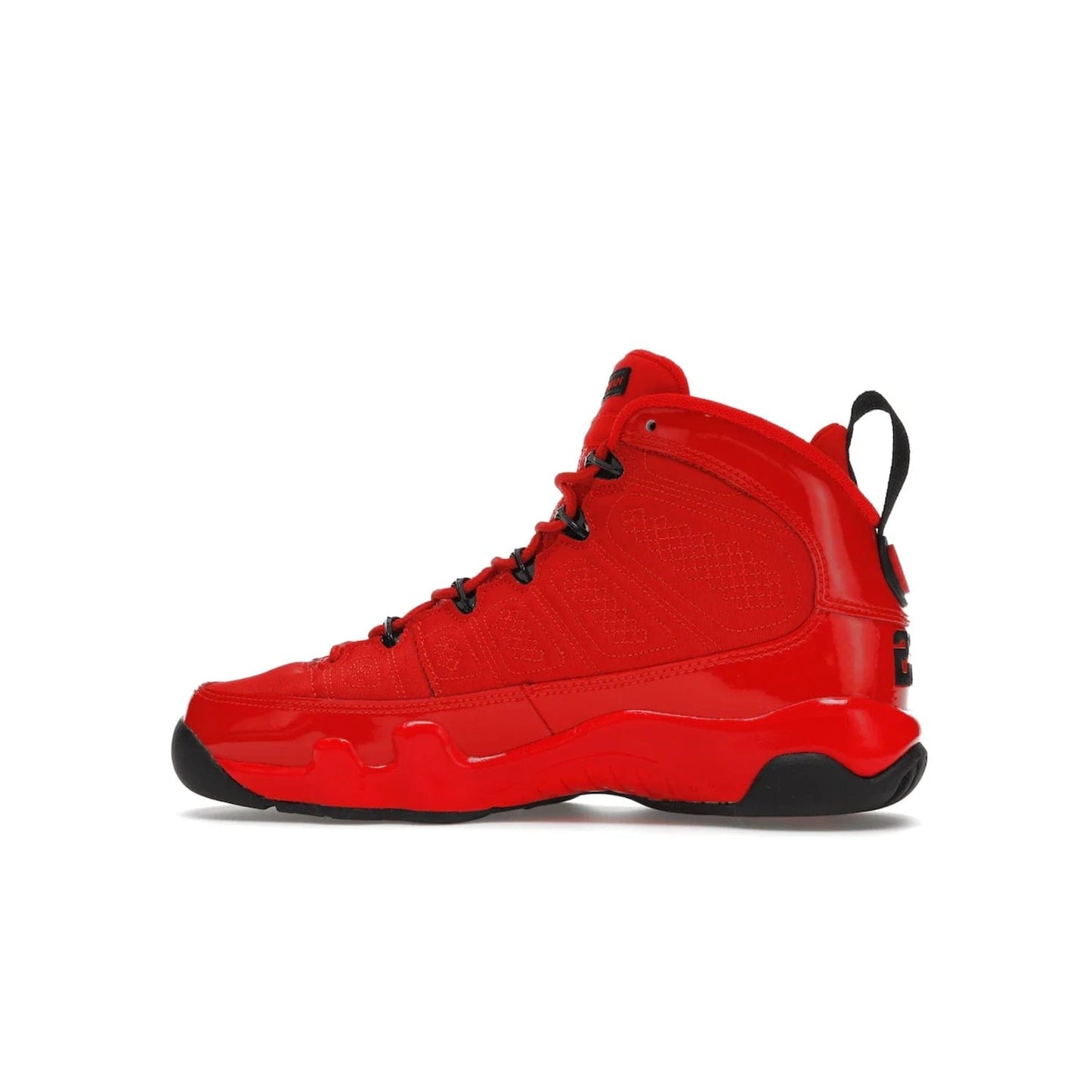 Jordan 9 Retro Chile Red (GS) - Image 20 - Only at www.BallersClubKickz.com - Introducing the Air Jordan 9 Retro Chile Red (GS), a vintage 1993 silhouette with fiery colorway. Features quilted side paneling, glossy patent leather, pull tabs, black contrast accents, and foam midsole. Launching May 2022 for $140.