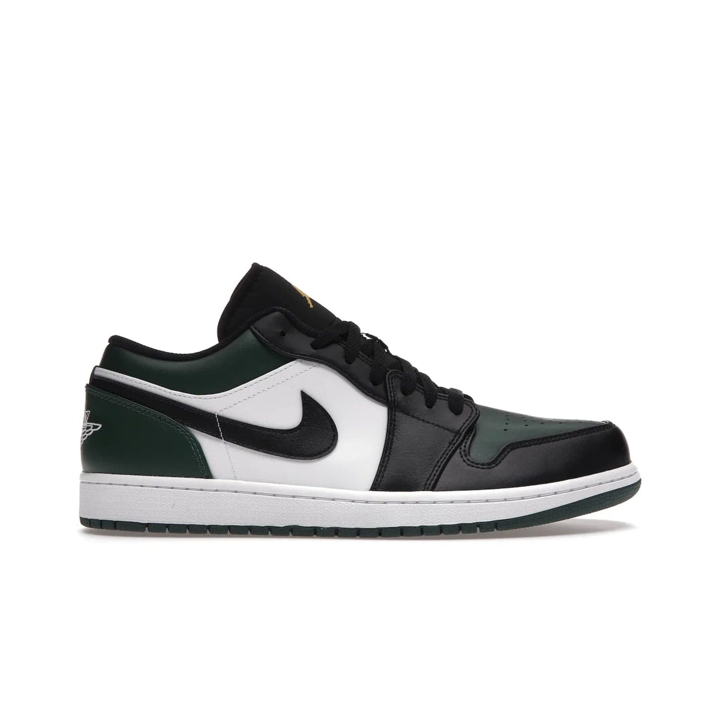 Jordan 1 Low Green Toe - Image 1 - Only at www.BallersClubKickz.com - The Jordan 1 Low Green Toe features white, black and Noble Green leather with black Swoosh. Get the classic Bred Toe-inspired color blocking with green perforated toe box. White and green Air sole completes the design. Released in October 2021 at only $100. Grab your pair now!
