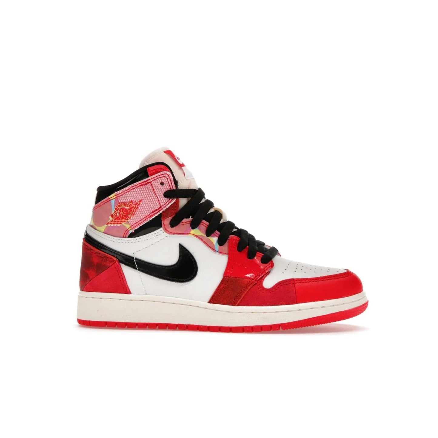 Jordan 1 High OG Spider-Man Across the Spider-Verse (GS) - Image 2 - Only at www.BallersClubKickz.com - Iconic basketball style Jordan 1 High OG Spider-Man Across the Spider-Verse hits the streets May 20th. University Red, Black, and White colorblocking and sleek design will make this shoe a must-have.