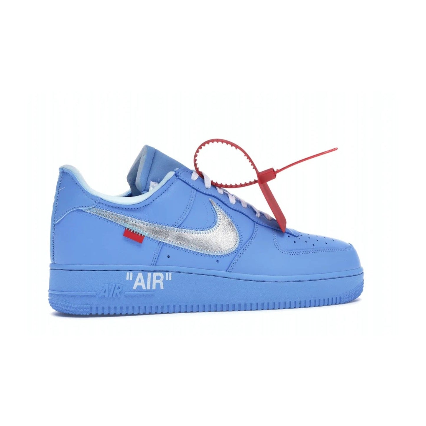 Nike Air Force 1 Low Off-White MCA University Blue - Image 35 - Only at www.BallersClubKickz.com - Virgil Abloh's Air Force 1 Low Off-White MCA University Blue: Features University Blue leather and midsole, reflective silver Nike Swoosh, red zip tie, white laces, and iconic Off-White™ branding. A must-have for any Virgil Abloh enthusiast.
