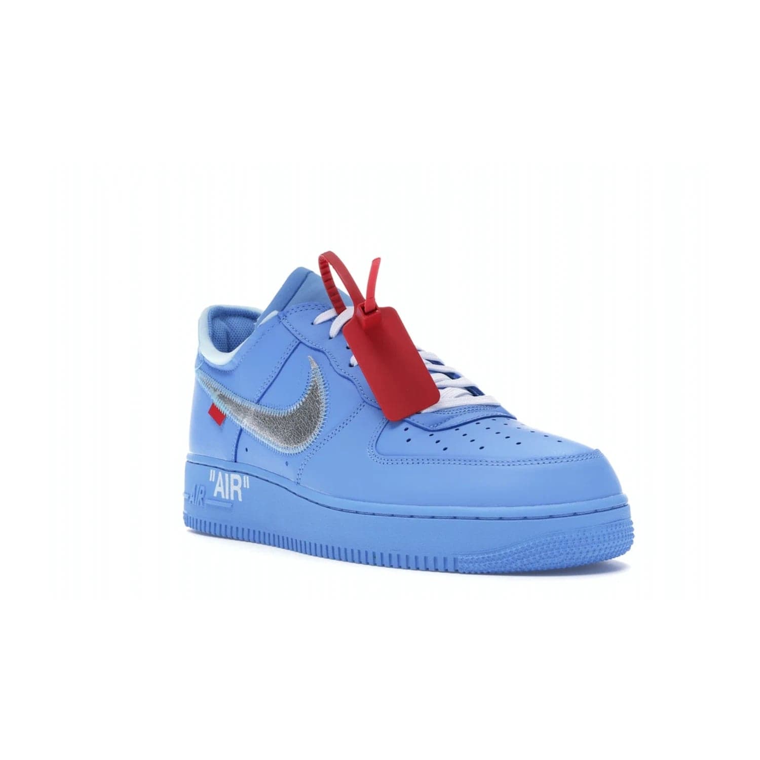 Nike Air Force 1 Low Off-White MCA University Blue - Image 6 - Only at www.BallersClubKickz.com - Virgil Abloh's Air Force 1 Low Off-White MCA University Blue: Features University Blue leather and midsole, reflective silver Nike Swoosh, red zip tie, white laces, and iconic Off-White™ branding. A must-have for any Virgil Abloh enthusiast.