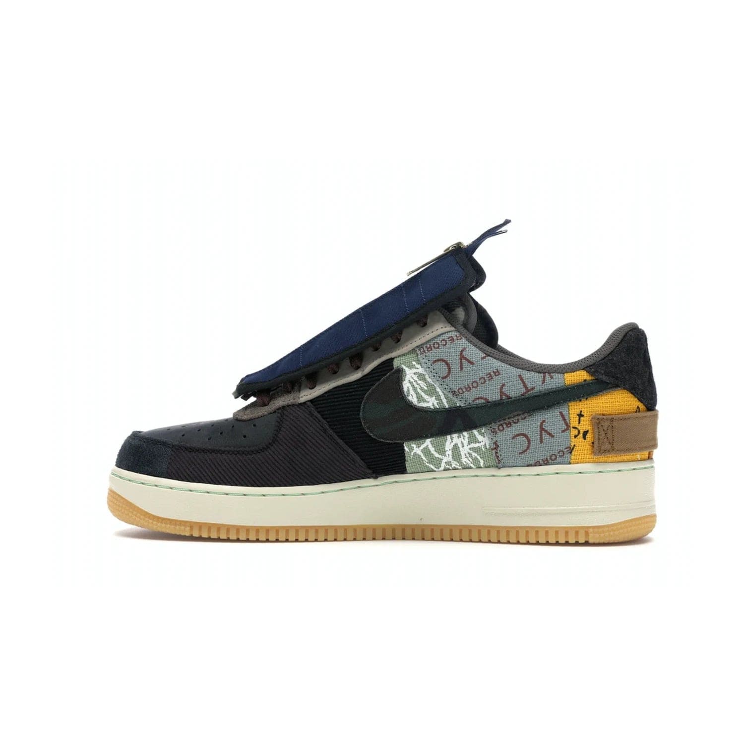 Nike Air Force 1 Low Travis Scott Cactus Jack - Image 20 - Only at www.BallersClubKickz.com - The Nike Air Force 1 Low Travis Scott Cactus Jack features a unique, multi-colored patchwork upper with muted bronze and fossil accents. Includes detachable lace cover, brass zipper, and Cactus Jack insignias. A sail midsole, gum rubber outsole complete the eye-catching design. Perfect for comfort and style with unexpected touches of detail.