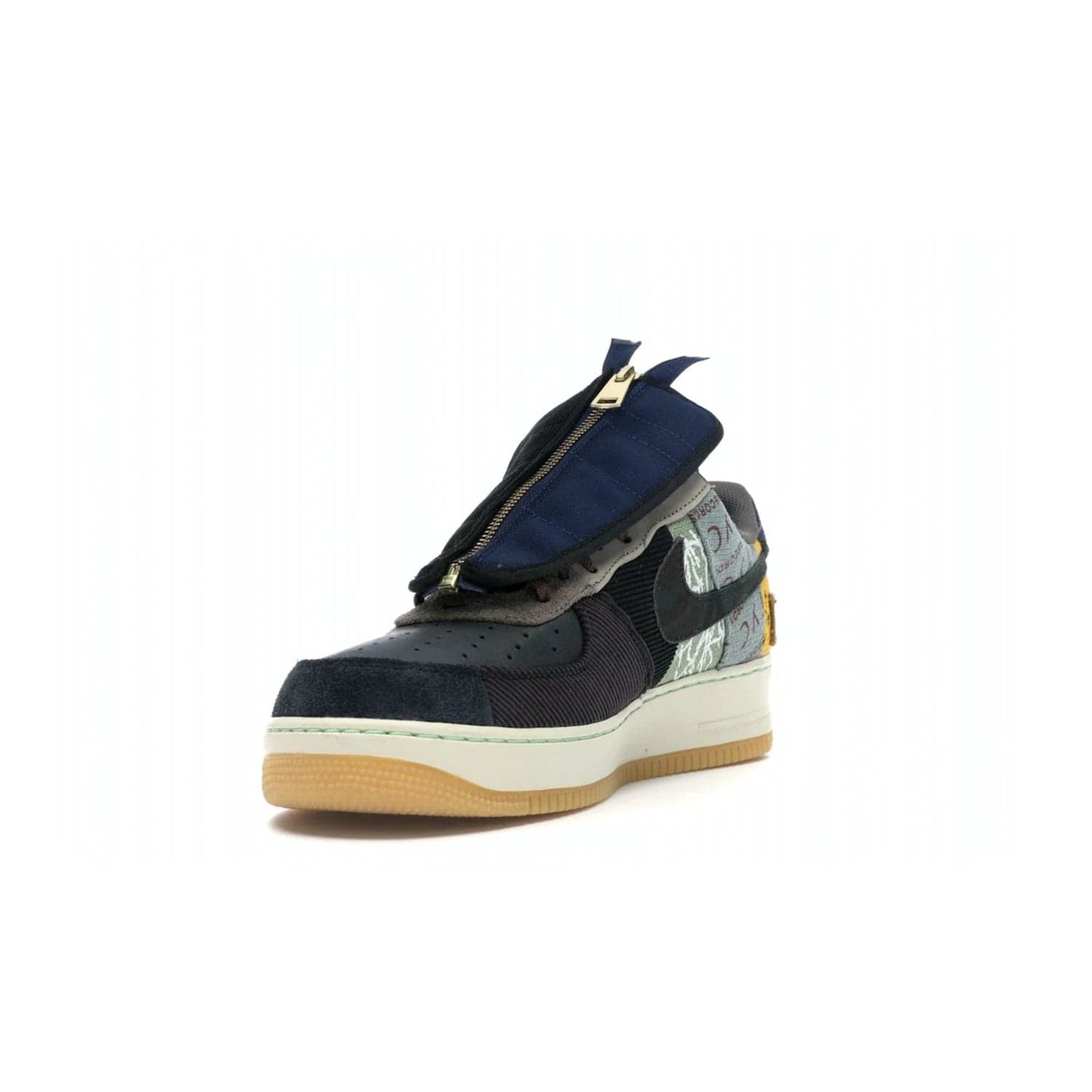 Nike Air Force 1 Low Travis Scott Cactus Jack - Image 13 - Only at www.BallersClubKickz.com - The Nike Air Force 1 Low Travis Scott Cactus Jack features a unique, multi-colored patchwork upper with muted bronze and fossil accents. Includes detachable lace cover, brass zipper, and Cactus Jack insignias. A sail midsole, gum rubber outsole complete the eye-catching design. Perfect for comfort and style with unexpected touches of detail.