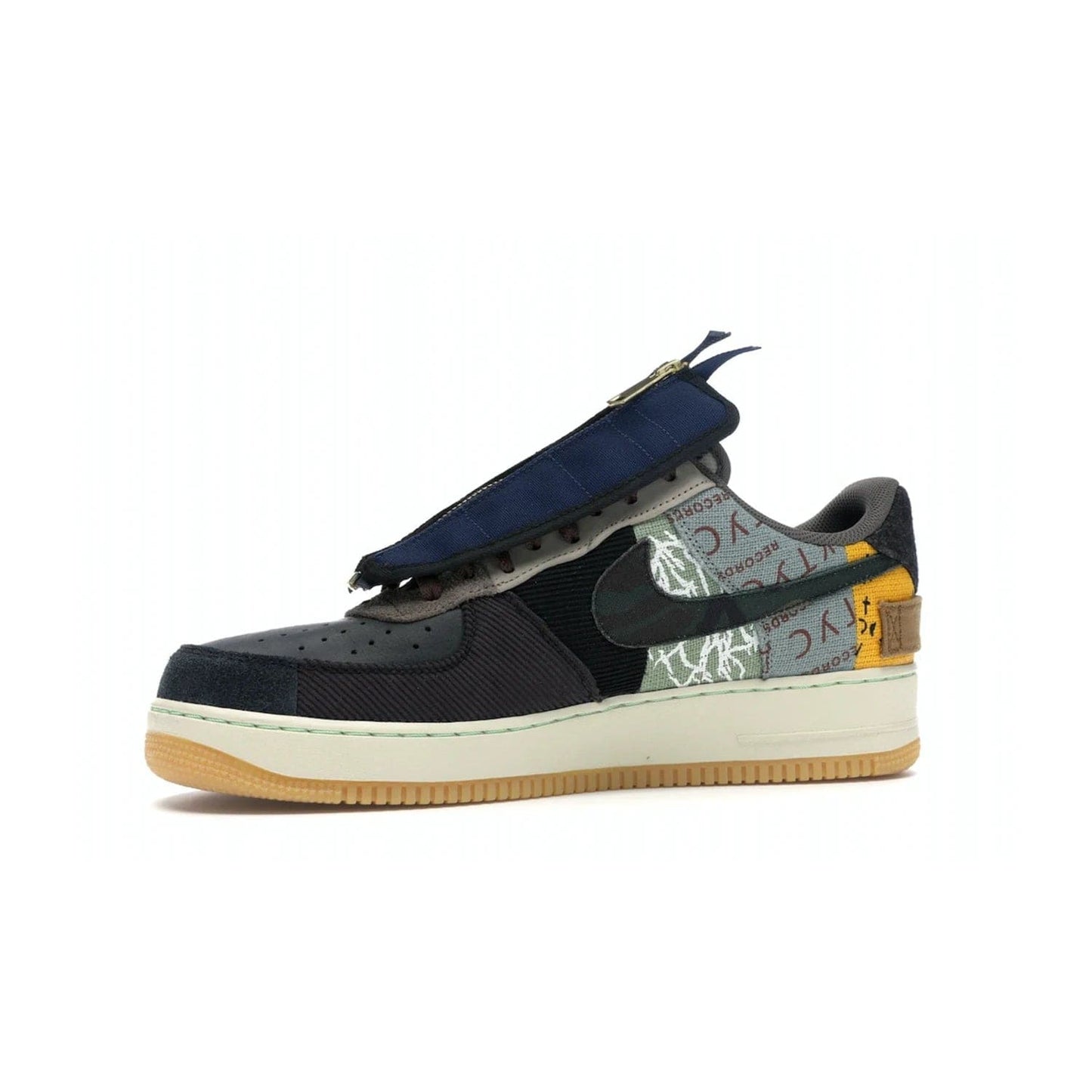 Nike Air Force 1 Low Travis Scott Cactus Jack - Image 17 - Only at www.BallersClubKickz.com - The Nike Air Force 1 Low Travis Scott Cactus Jack features a unique, multi-colored patchwork upper with muted bronze and fossil accents. Includes detachable lace cover, brass zipper, and Cactus Jack insignias. A sail midsole, gum rubber outsole complete the eye-catching design. Perfect for comfort and style with unexpected touches of detail.