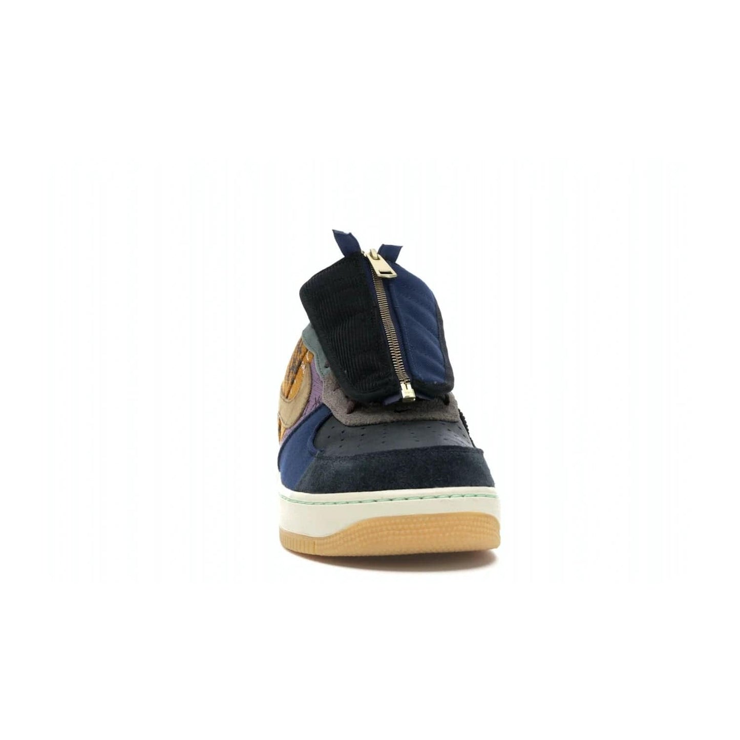 Nike Air Force 1 Low Travis Scott Cactus Jack - Image 9 - Only at www.BallersClubKickz.com - The Nike Air Force 1 Low Travis Scott Cactus Jack features a unique, multi-colored patchwork upper with muted bronze and fossil accents. Includes detachable lace cover, brass zipper, and Cactus Jack insignias. A sail midsole, gum rubber outsole complete the eye-catching design. Perfect for comfort and style with unexpected touches of detail.