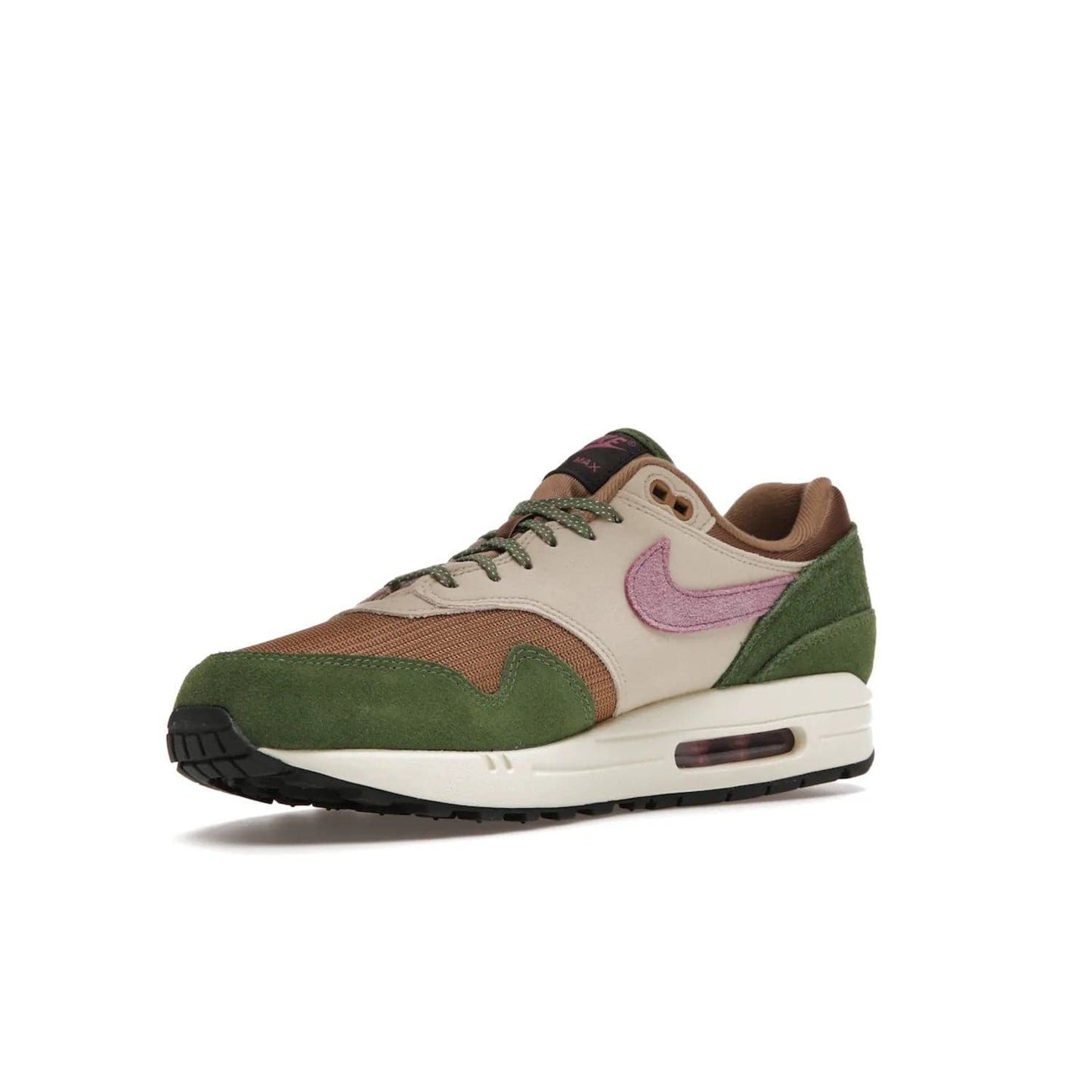 Nike Air Max 1 SH Treeline - Image 15 - Only at www.BallersClubKickz.com - A classic Nike Air Max 1 SH Treeline with a brown mesh upper, taupe Durabuck overlays, and hairy green suede details. Light Bordeaux Swoosh and woven tongue label for a pop of color. Released in May 2022. Perfect for any outfit and sure to impress.