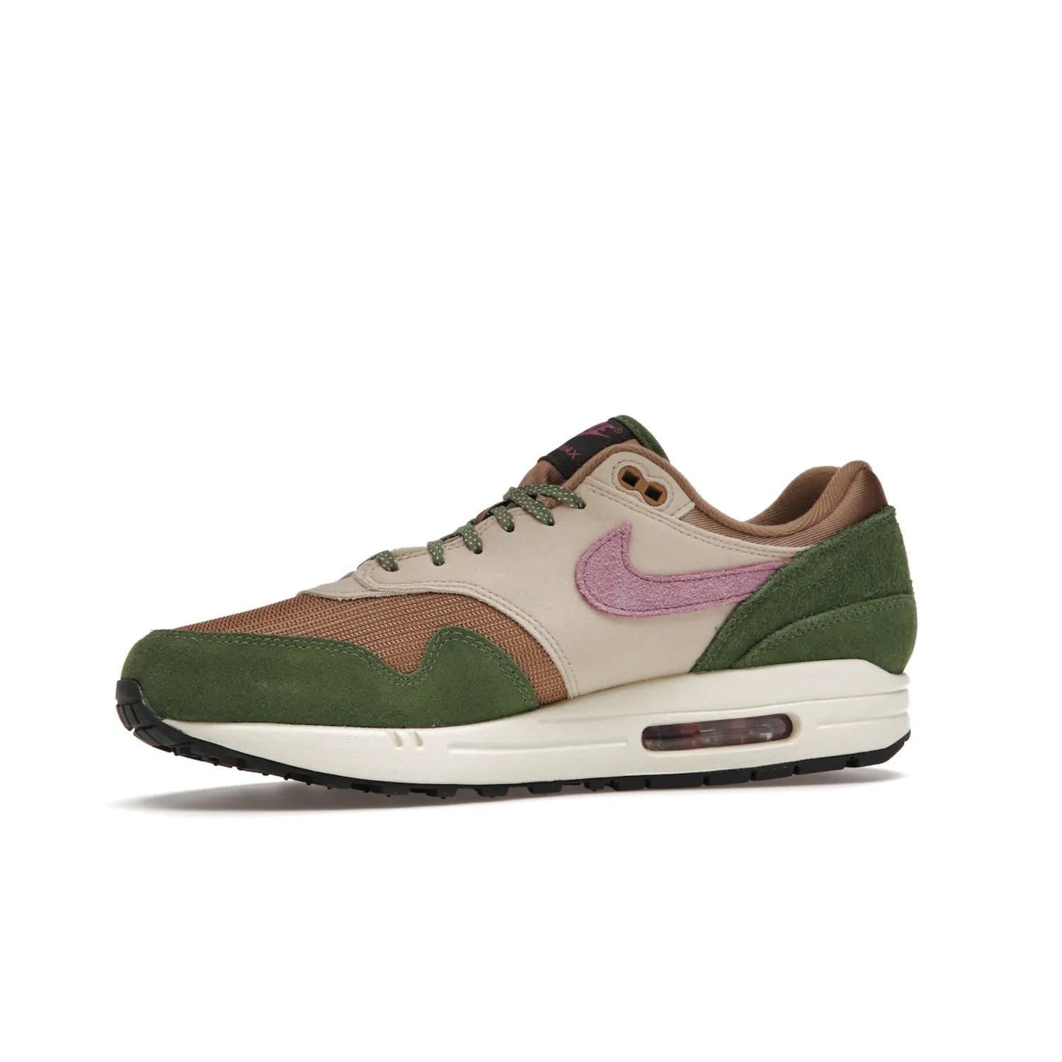 Nike Air Max 1 SH Treeline - Image 17 - Only at www.BallersClubKickz.com - A classic Nike Air Max 1 SH Treeline with a brown mesh upper, taupe Durabuck overlays, and hairy green suede details. Light Bordeaux Swoosh and woven tongue label for a pop of color. Released in May 2022. Perfect for any outfit and sure to impress.