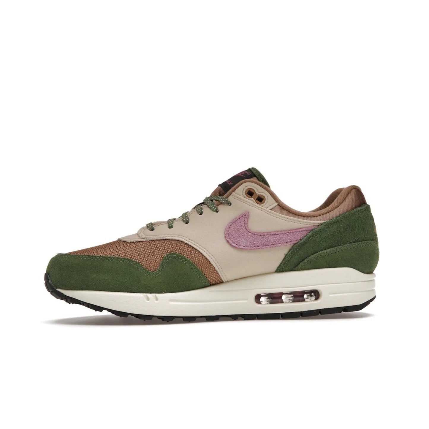 Nike Air Max 1 SH Treeline - Image 18 - Only at www.BallersClubKickz.com - A classic Nike Air Max 1 SH Treeline with a brown mesh upper, taupe Durabuck overlays, and hairy green suede details. Light Bordeaux Swoosh and woven tongue label for a pop of color. Released in May 2022. Perfect for any outfit and sure to impress.