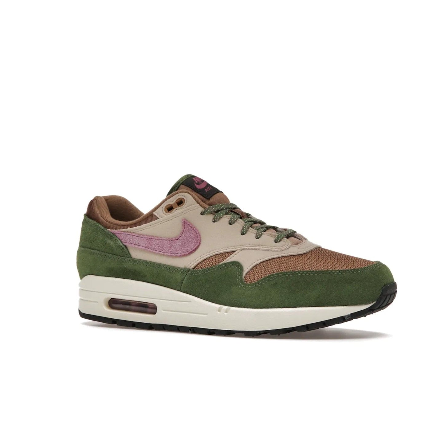 Nike Air Max 1 SH Treeline - Image 4 - Only at www.BallersClubKickz.com - A classic Nike Air Max 1 SH Treeline with a brown mesh upper, taupe Durabuck overlays, and hairy green suede details. Light Bordeaux Swoosh and woven tongue label for a pop of color. Released in May 2022. Perfect for any outfit and sure to impress.