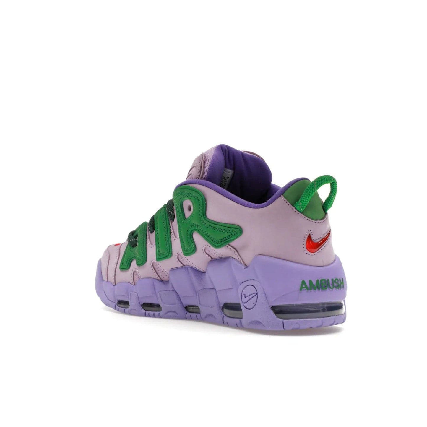 Nike Air More Uptempo Low AMBUSH Lilac - Image 24 - Only at www.BallersClubKickz.com - Style and comfort meet with the Nike Air More Uptempo Low AMBUSH Lilac. Featuring a vibrant Lilac upper with Apple Green and University Red accents, this unique design will be a standout in any wardrobe. Get your pair on October 06, 2023.