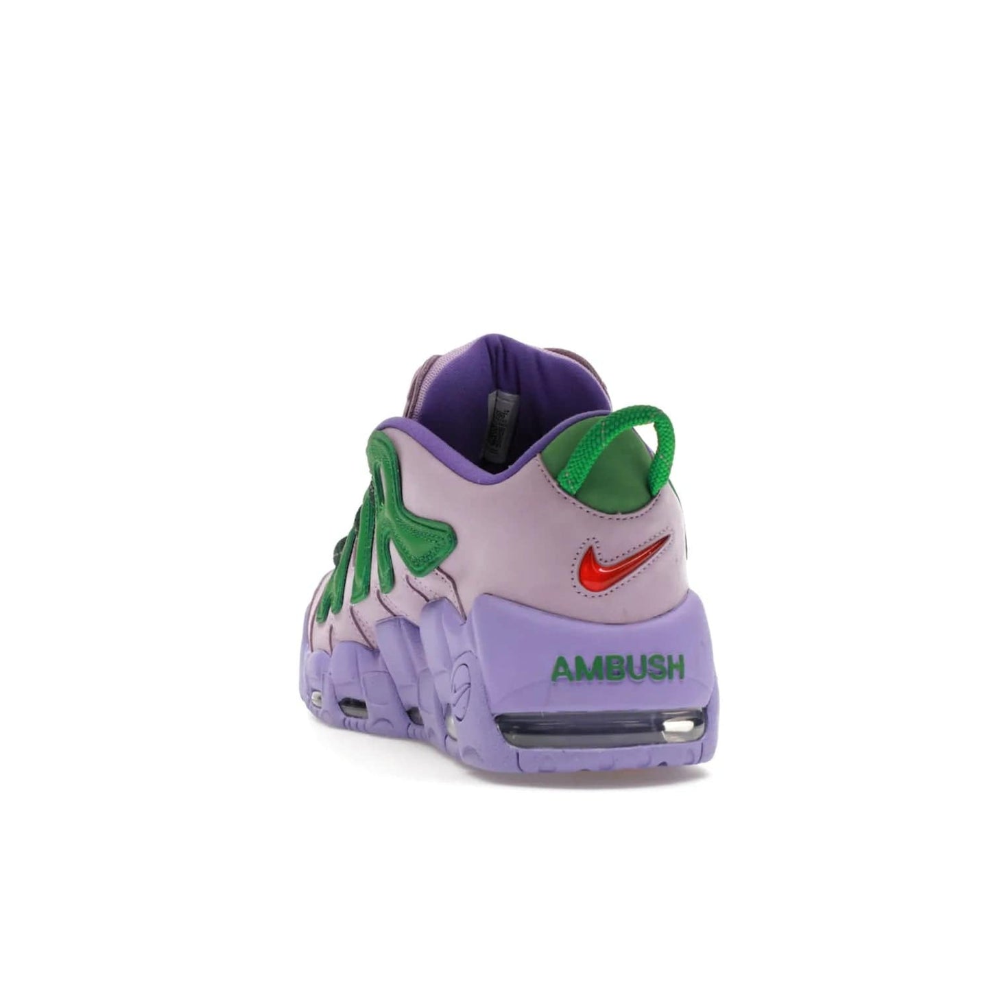 Nike Air More Uptempo Low AMBUSH Lilac - Image 26 - Only at www.BallersClubKickz.com - Style and comfort meet with the Nike Air More Uptempo Low AMBUSH Lilac. Featuring a vibrant Lilac upper with Apple Green and University Red accents, this unique design will be a standout in any wardrobe. Get your pair on October 06, 2023.
