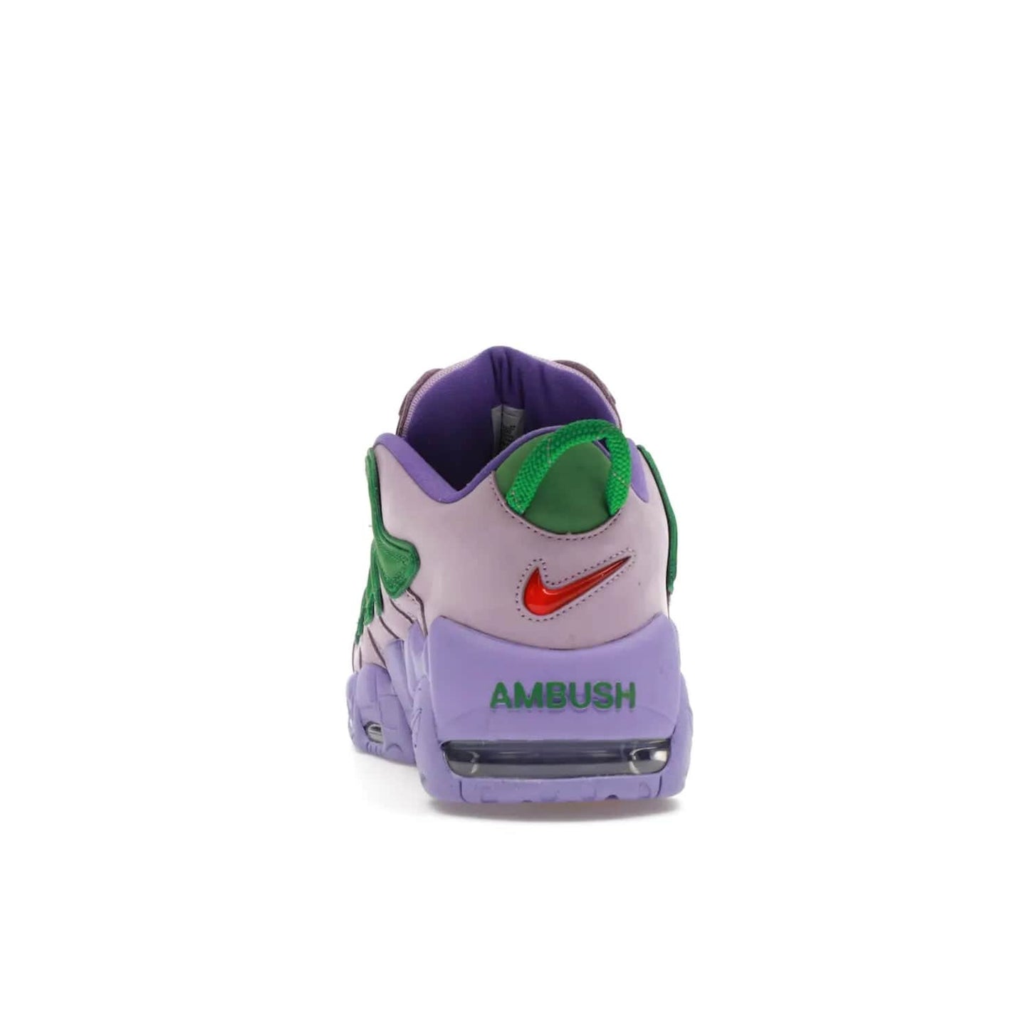 Nike Air More Uptempo Low AMBUSH Lilac - Image 27 - Only at www.BallersClubKickz.com - Style and comfort meet with the Nike Air More Uptempo Low AMBUSH Lilac. Featuring a vibrant Lilac upper with Apple Green and University Red accents, this unique design will be a standout in any wardrobe. Get your pair on October 06, 2023.