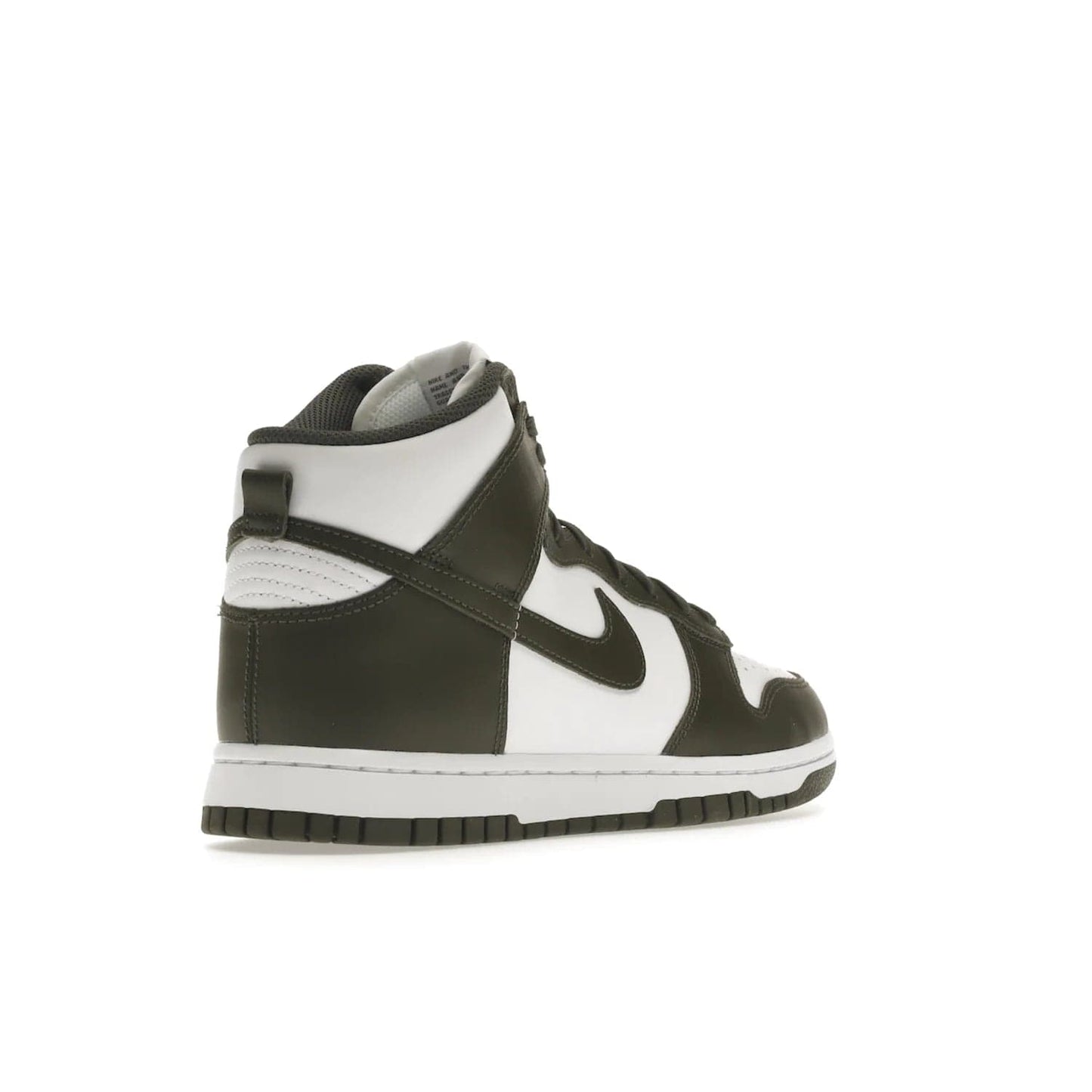 Nike Dunk High Retro Cargo Khaki (2021) - Image 32 - Only at www.BallersClubKickz.com - Introducing the Nike Dunk High Retro Cargo Khaki - a stylish high-top shoe from Nike featuring two primary colors, khaki and white. Quality leather and classic Nike tread style with a rich khaki green swoosh symbol. June 2022 release, starting at $115.