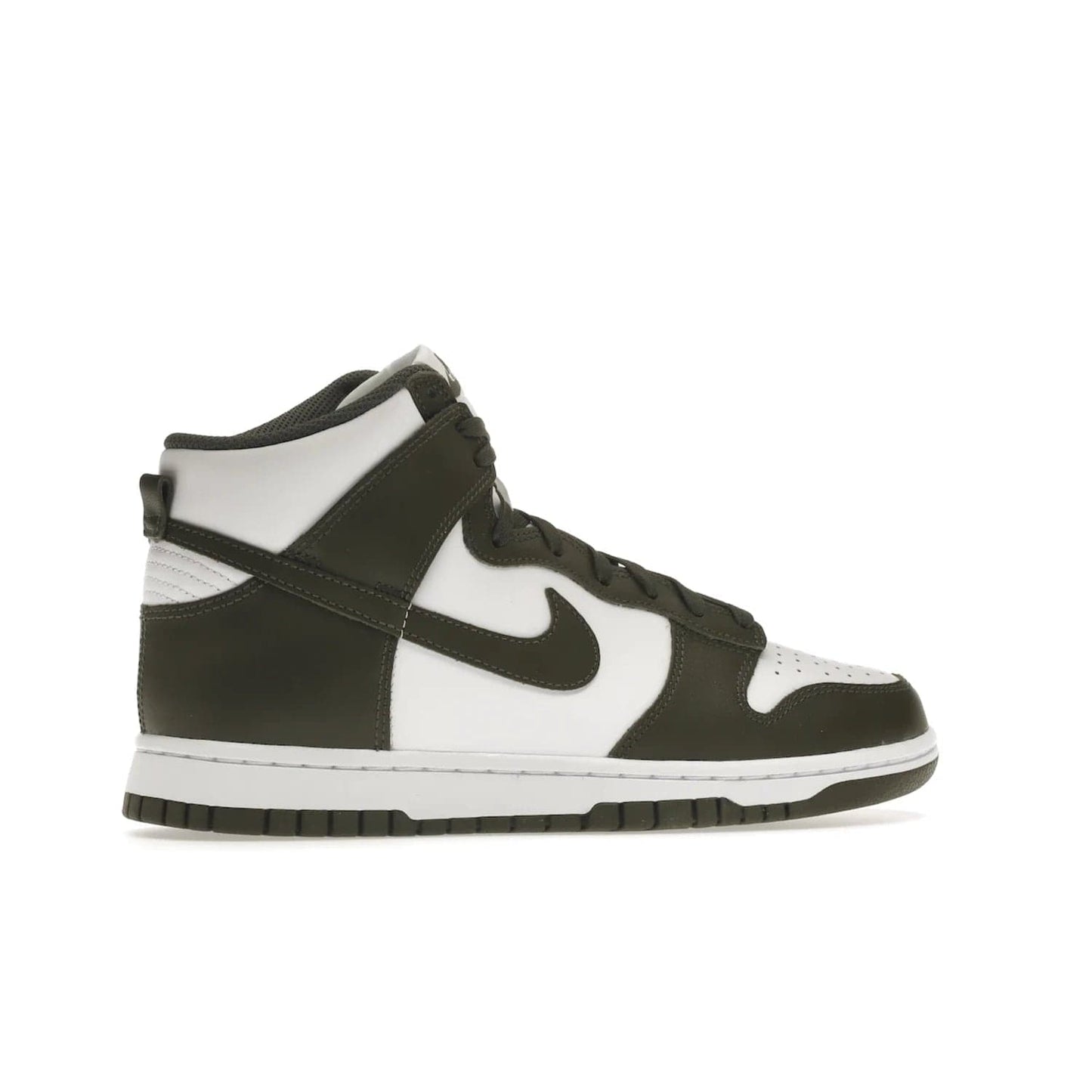 Nike Dunk High Retro Cargo Khaki (2021) - Image 35 - Only at www.BallersClubKickz.com - Introducing the Nike Dunk High Retro Cargo Khaki - a stylish high-top shoe from Nike featuring two primary colors, khaki and white. Quality leather and classic Nike tread style with a rich khaki green swoosh symbol. June 2022 release, starting at $115.