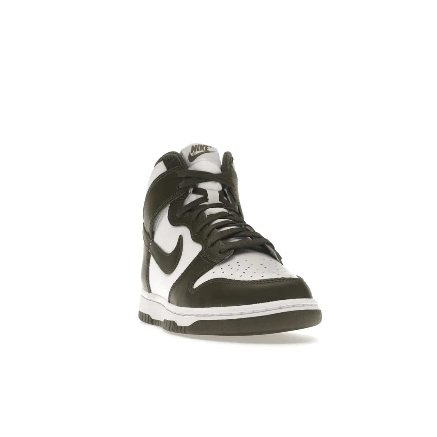 Nike Dunk High Retro Cargo Khaki (2021) - Image 8 - Only at www.BallersClubKickz.com - Introducing the Nike Dunk High Retro Cargo Khaki - a stylish high-top shoe from Nike featuring two primary colors, khaki and white. Quality leather and classic Nike tread style with a rich khaki green swoosh symbol. June 2022 release, starting at $115.