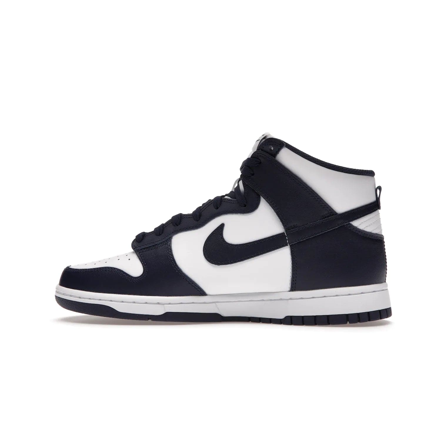 Nike Dunk High Championship Navy - Image 20 - Only at www.BallersClubKickz.com - Classic athletic style meets striking color-blocking on the Nike Dunk High Championship Navy. A white leather upper with Championship Navy overlays creates a retro look with a woven tongue label and sole. Unleash your inner champion with the Nike Dunk High Championship Navy.