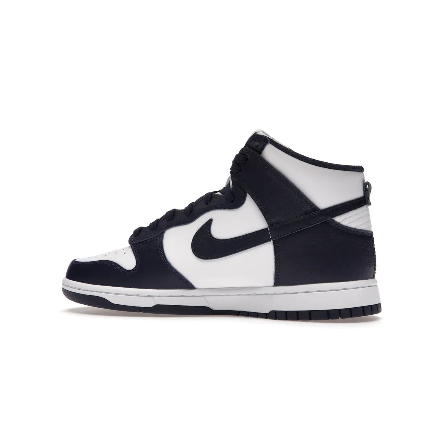 Nike Dunk High Championship Navy - Image 21 - Only at www.BallersClubKickz.com - Classic athletic style meets striking color-blocking on the Nike Dunk High Championship Navy. A white leather upper with Championship Navy overlays creates a retro look with a woven tongue label and sole. Unleash your inner champion with the Nike Dunk High Championship Navy.