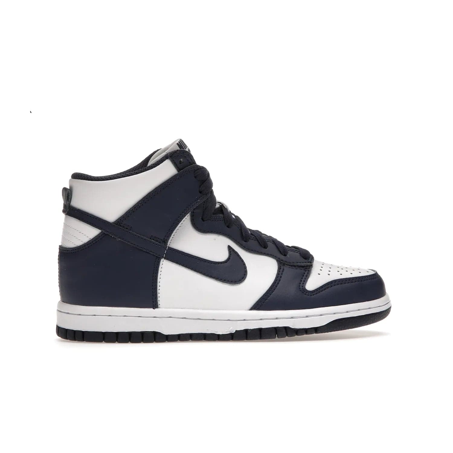 Nike Dunk High Championship Navy (GS) - Image 36 - Only at www.BallersClubKickz.com - Nike Dunk High Championship Navy GS: classic leather, suede, synthetic upper, chunky midsole, rubber herringbone sole. White base overlaid with Midnight Navy for a stylish finish. Padded high-cut collar and signature Nike swoosh design. Step out in these shoes and make a statement. Comfort and style at its finest.