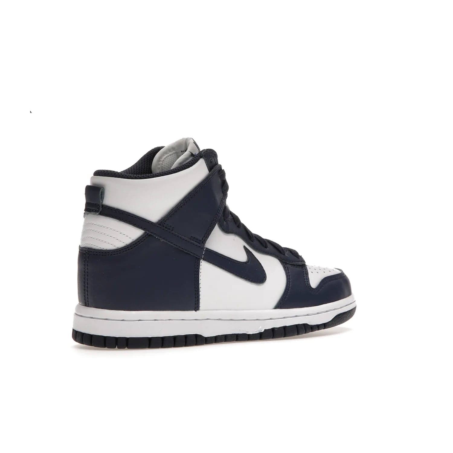 Nike Dunk High Championship Navy (GS) - Image 33 - Only at www.BallersClubKickz.com - Nike Dunk High Championship Navy GS: classic leather, suede, synthetic upper, chunky midsole, rubber herringbone sole. White base overlaid with Midnight Navy for a stylish finish. Padded high-cut collar and signature Nike swoosh design. Step out in these shoes and make a statement. Comfort and style at its finest.