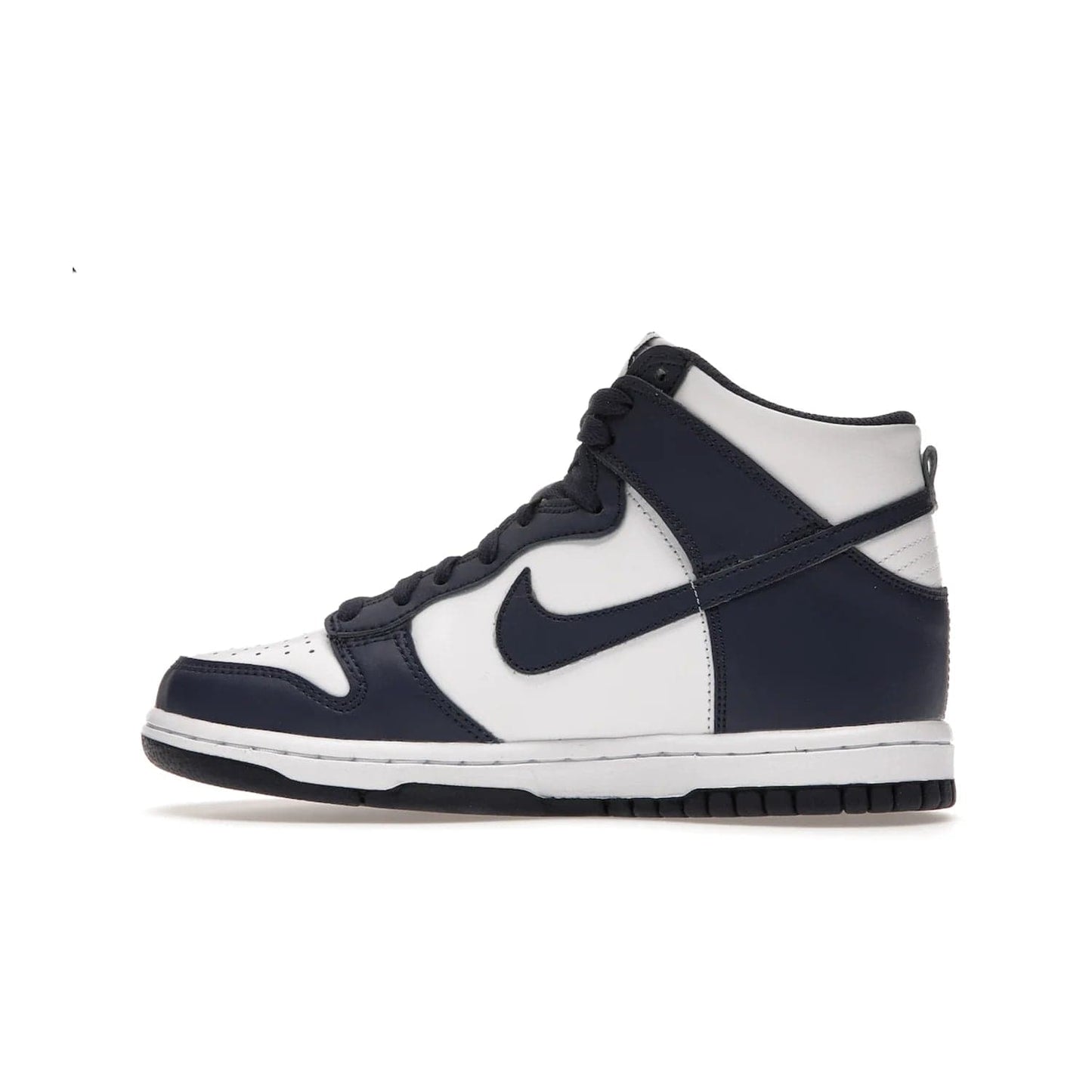 Nike Dunk High Championship Navy (GS) - Image 20 - Only at www.BallersClubKickz.com - Nike Dunk High Championship Navy GS: classic leather, suede, synthetic upper, chunky midsole, rubber herringbone sole. White base overlaid with Midnight Navy for a stylish finish. Padded high-cut collar and signature Nike swoosh design. Step out in these shoes and make a statement. Comfort and style at its finest.