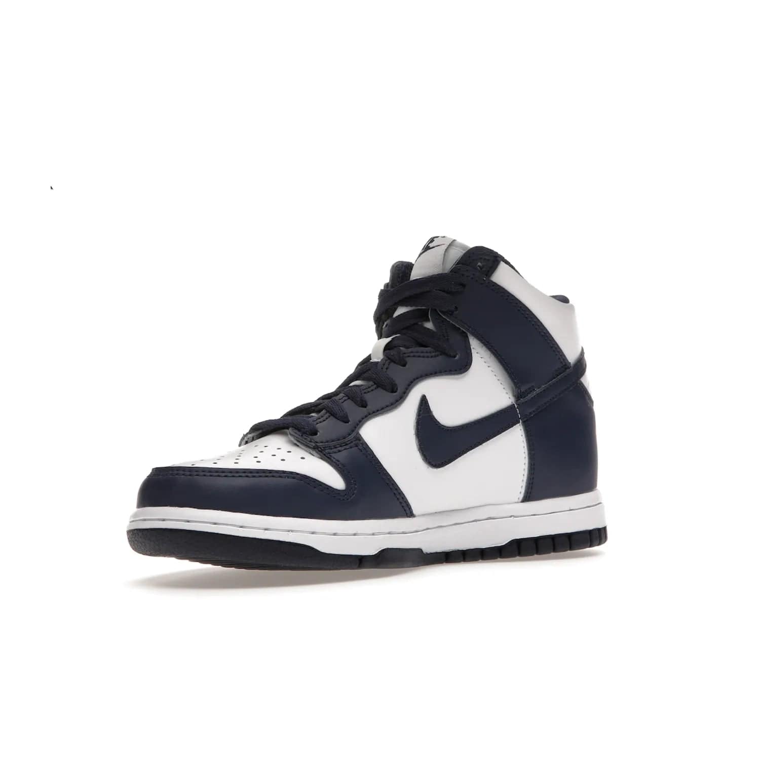 Nike Dunk High Championship Navy (GS) - Image 15 - Only at www.BallersClubKickz.com - Nike Dunk High Championship Navy GS: classic leather, suede, synthetic upper, chunky midsole, rubber herringbone sole. White base overlaid with Midnight Navy for a stylish finish. Padded high-cut collar and signature Nike swoosh design. Step out in these shoes and make a statement. Comfort and style at its finest.