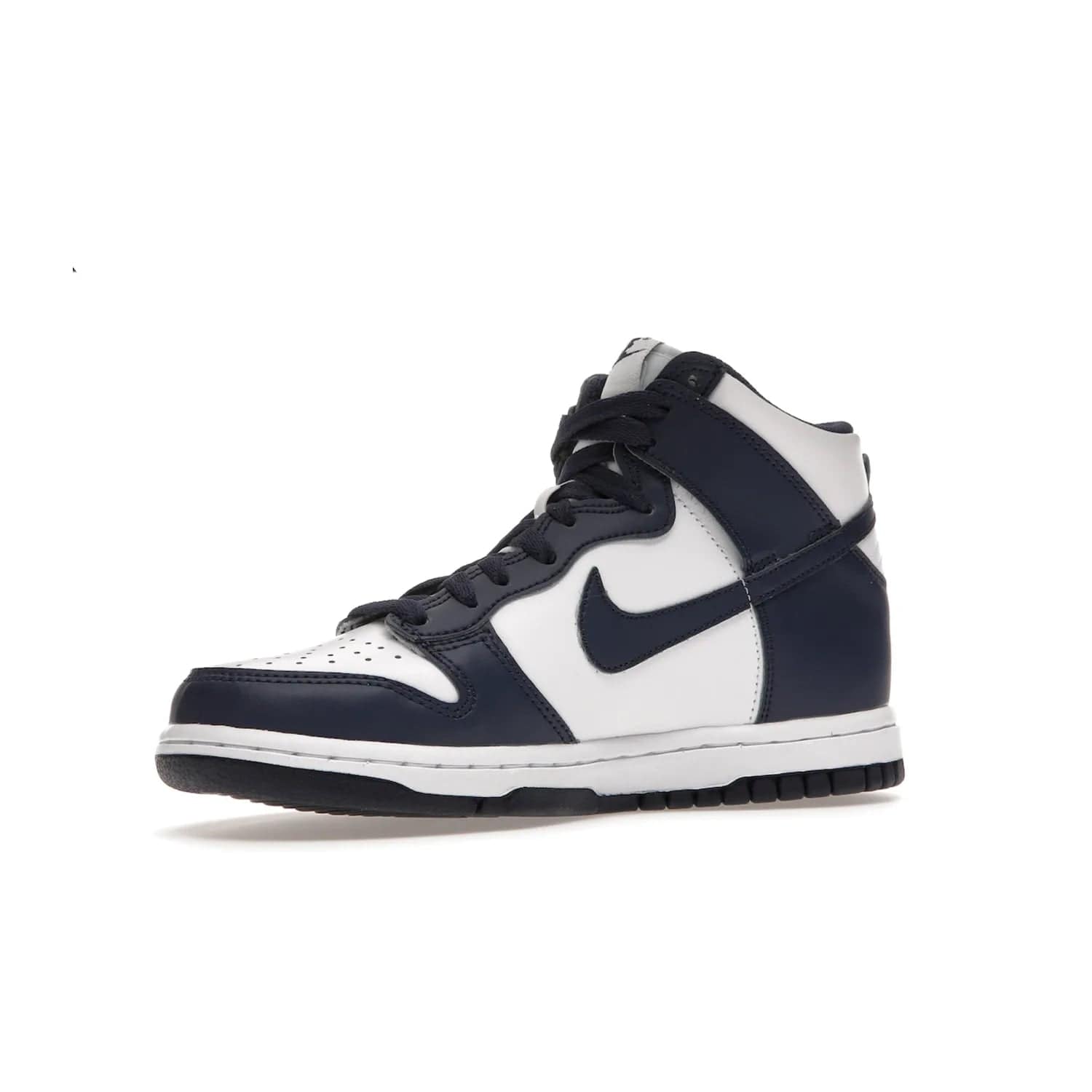 Nike Dunk High Championship Navy (GS) - Image 16 - Only at www.BallersClubKickz.com - Nike Dunk High Championship Navy GS: classic leather, suede, synthetic upper, chunky midsole, rubber herringbone sole. White base overlaid with Midnight Navy for a stylish finish. Padded high-cut collar and signature Nike swoosh design. Step out in these shoes and make a statement. Comfort and style at its finest.