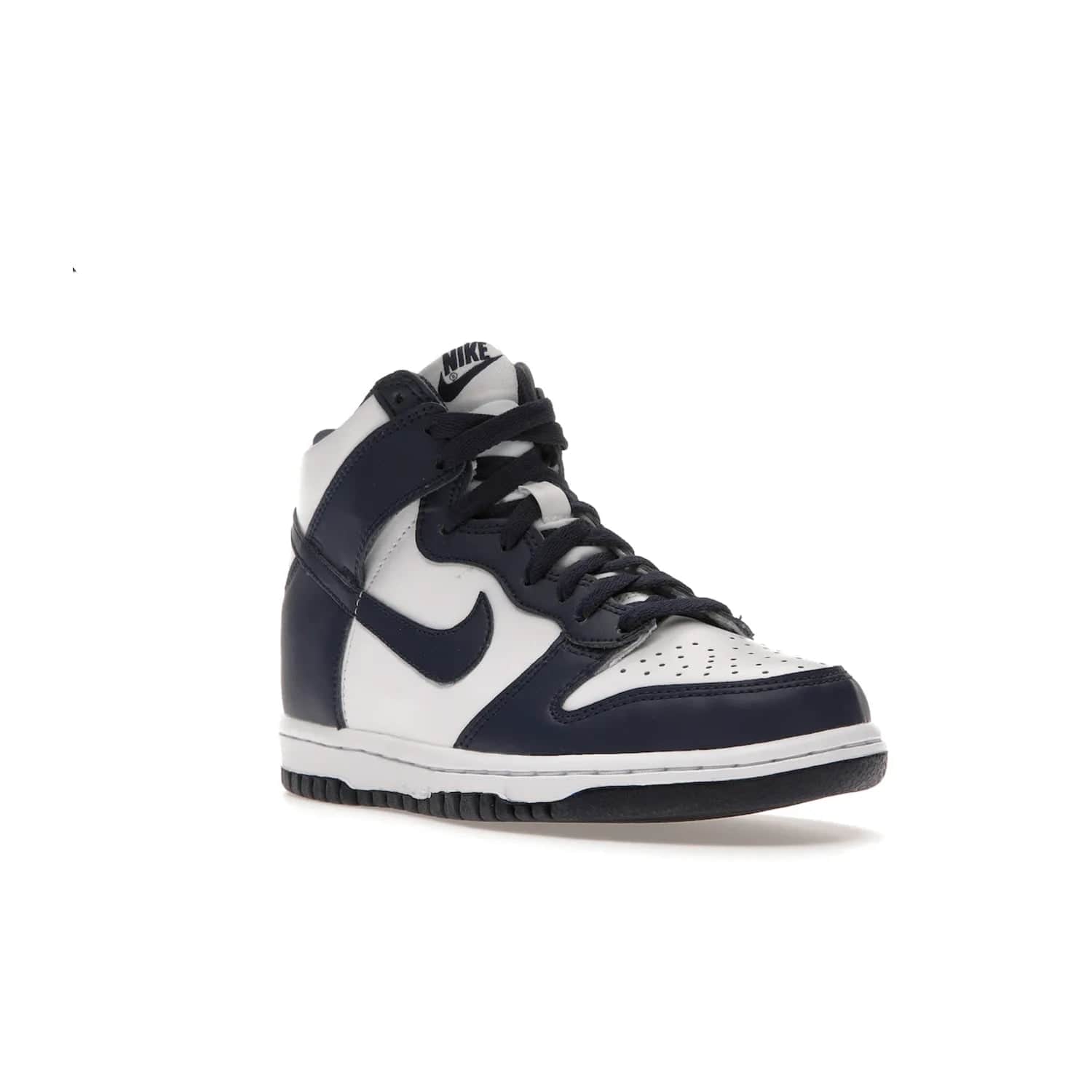 Nike Dunk High Championship Navy (GS) - Image 6 - Only at www.BallersClubKickz.com - Nike Dunk High Championship Navy GS: classic leather, suede, synthetic upper, chunky midsole, rubber herringbone sole. White base overlaid with Midnight Navy for a stylish finish. Padded high-cut collar and signature Nike swoosh design. Step out in these shoes and make a statement. Comfort and style at its finest.