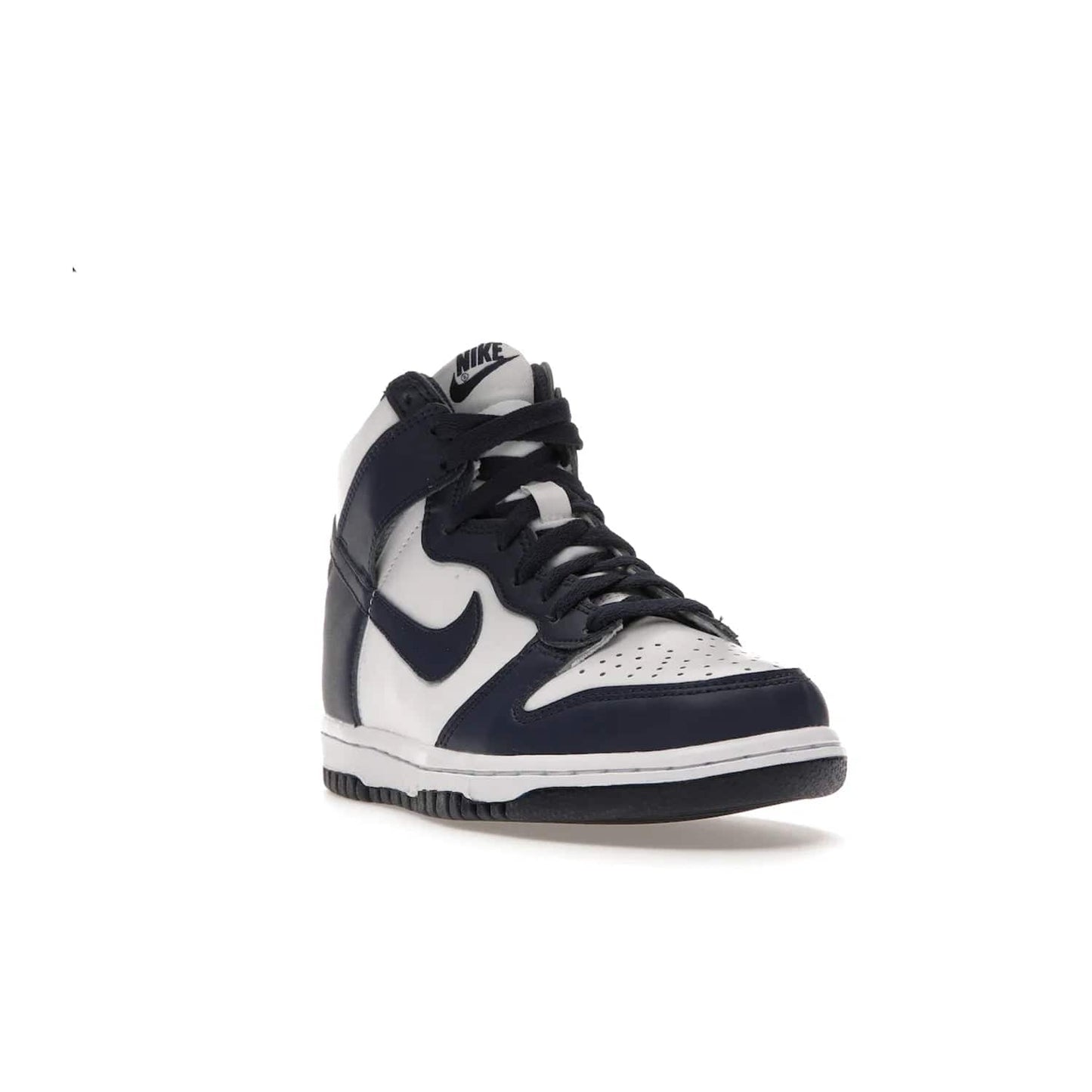 Nike Dunk High Championship Navy (GS) - Image 7 - Only at www.BallersClubKickz.com - Nike Dunk High Championship Navy GS: classic leather, suede, synthetic upper, chunky midsole, rubber herringbone sole. White base overlaid with Midnight Navy for a stylish finish. Padded high-cut collar and signature Nike swoosh design. Step out in these shoes and make a statement. Comfort and style at its finest.