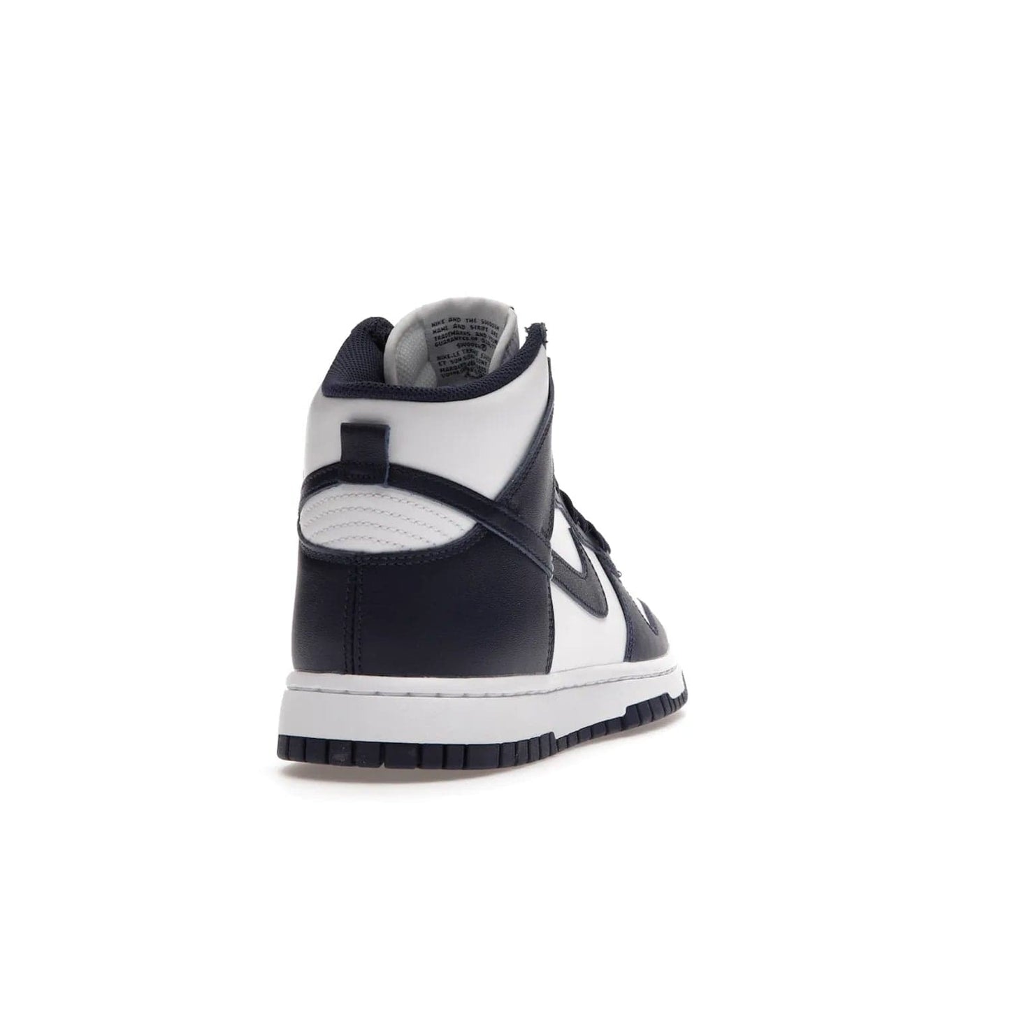 Nike Dunk High Championship Navy - Image 30 - Only at www.BallersClubKickz.com - Classic Nike Dunk High sneaker delivers an unforgettable style with white leather upper, Championship Navy overlays, and matching woven tongue label and sole. Make a statement with the Championship Navy today.