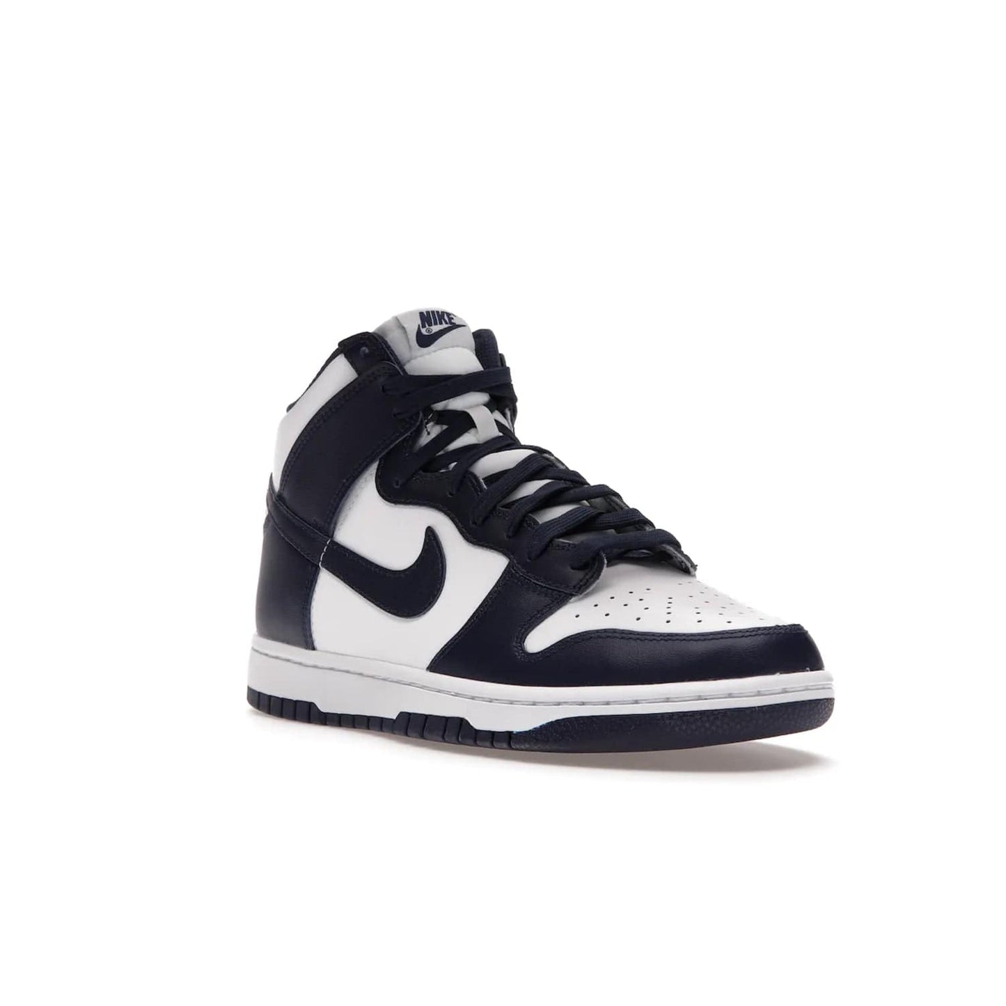 Nike Dunk High Championship Navy - Image 6 - Only at www.BallersClubKickz.com - Classic Nike Dunk High sneaker delivers an unforgettable style with white leather upper, Championship Navy overlays, and matching woven tongue label and sole. Make a statement with the Championship Navy today.