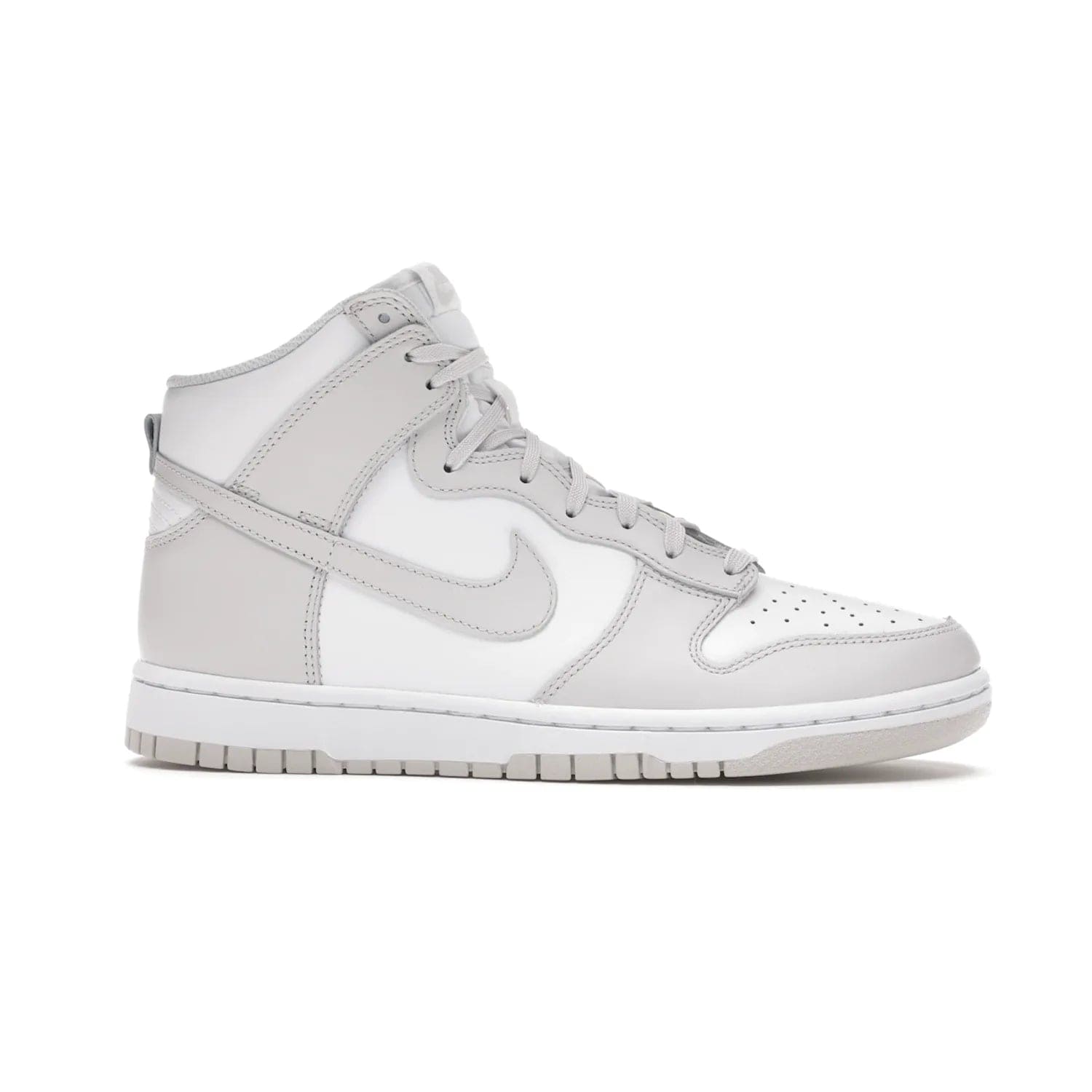 Nike Dunk High Retro White Vast Grey (2021) - Image 2 - Only at www.BallersClubKickz.com - Nike Dunk High Retro White Vast Grey 2021: classic '80s basketball sneaker with a crisp white base, grey overlays, midsole tooling and outsole. Dropped Feb. 2021.
