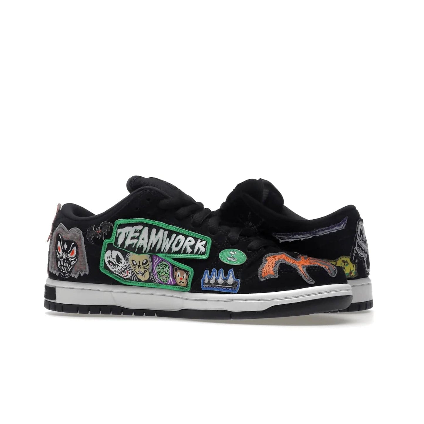Nike SB Dunk Low Pro QS Neckface - Image 21 - Only at www.BallersClubKickz.com - Introducing the Nike SB Dunk Low Pro QS Neckface. Get spooky street style with black nubuck uppers featuring ghouls, tombstones, skulls, and more. The perfect mix of eye-catching details and a white midsole. Available now.
