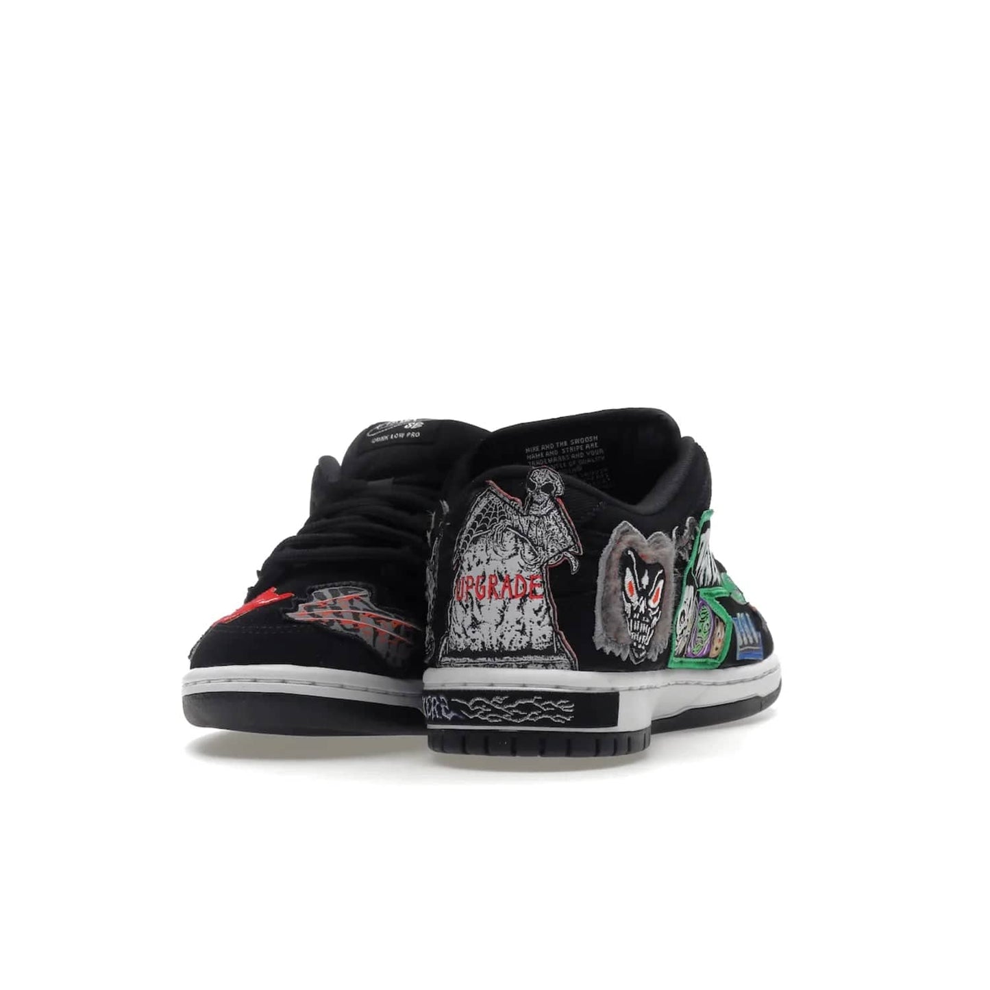 Nike SB Dunk Low Pro QS Neckface - Image 12 - Only at www.BallersClubKickz.com - Introducing the Nike SB Dunk Low Pro QS Neckface. Get spooky street style with black nubuck uppers featuring ghouls, tombstones, skulls, and more. The perfect mix of eye-catching details and a white midsole. Available now.