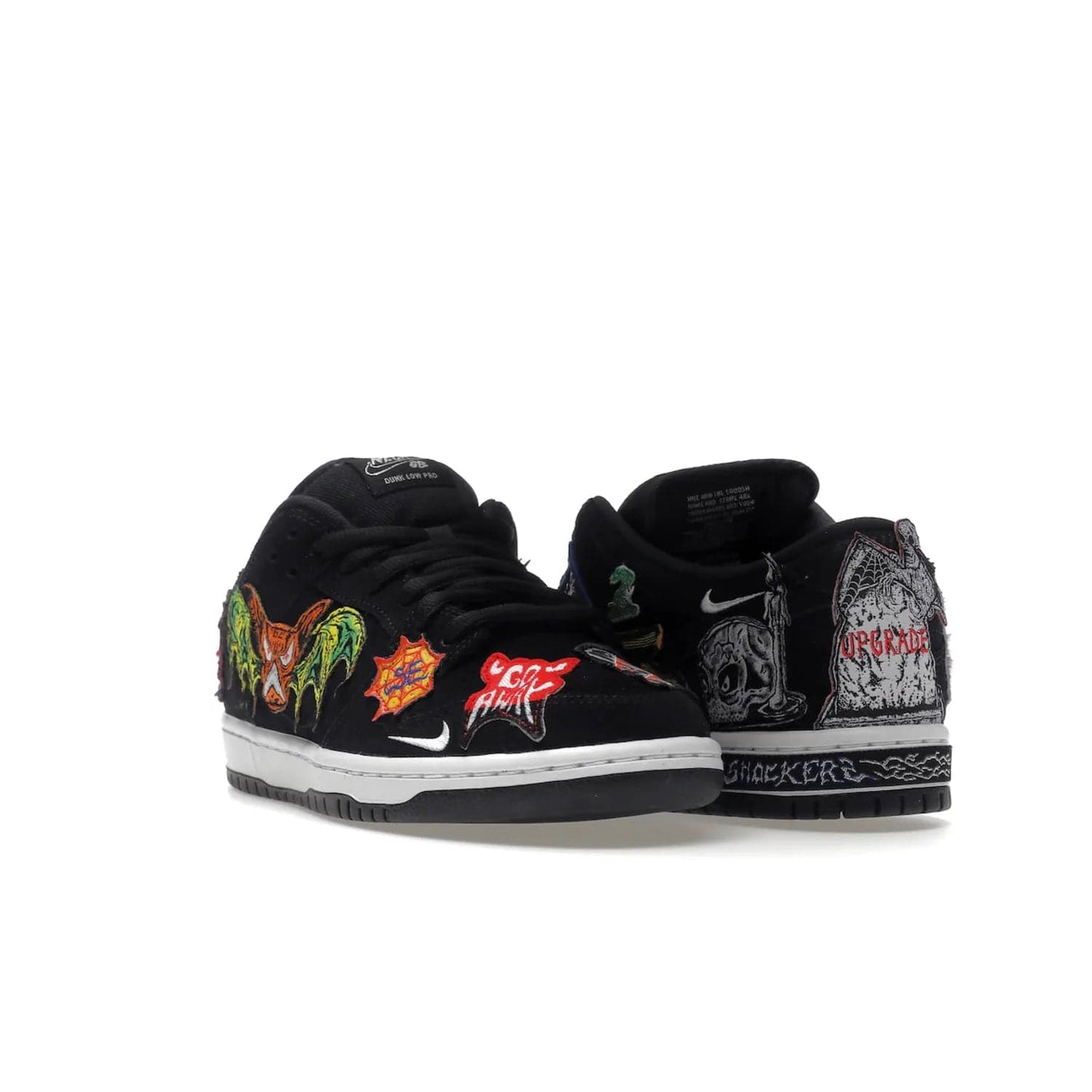 Nike SB Dunk Low Pro QS Neckface - Image 7 - Only at www.BallersClubKickz.com - Introducing the Nike SB Dunk Low Pro QS Neckface. Get spooky street style with black nubuck uppers featuring ghouls, tombstones, skulls, and more. The perfect mix of eye-catching details and a white midsole. Available now.