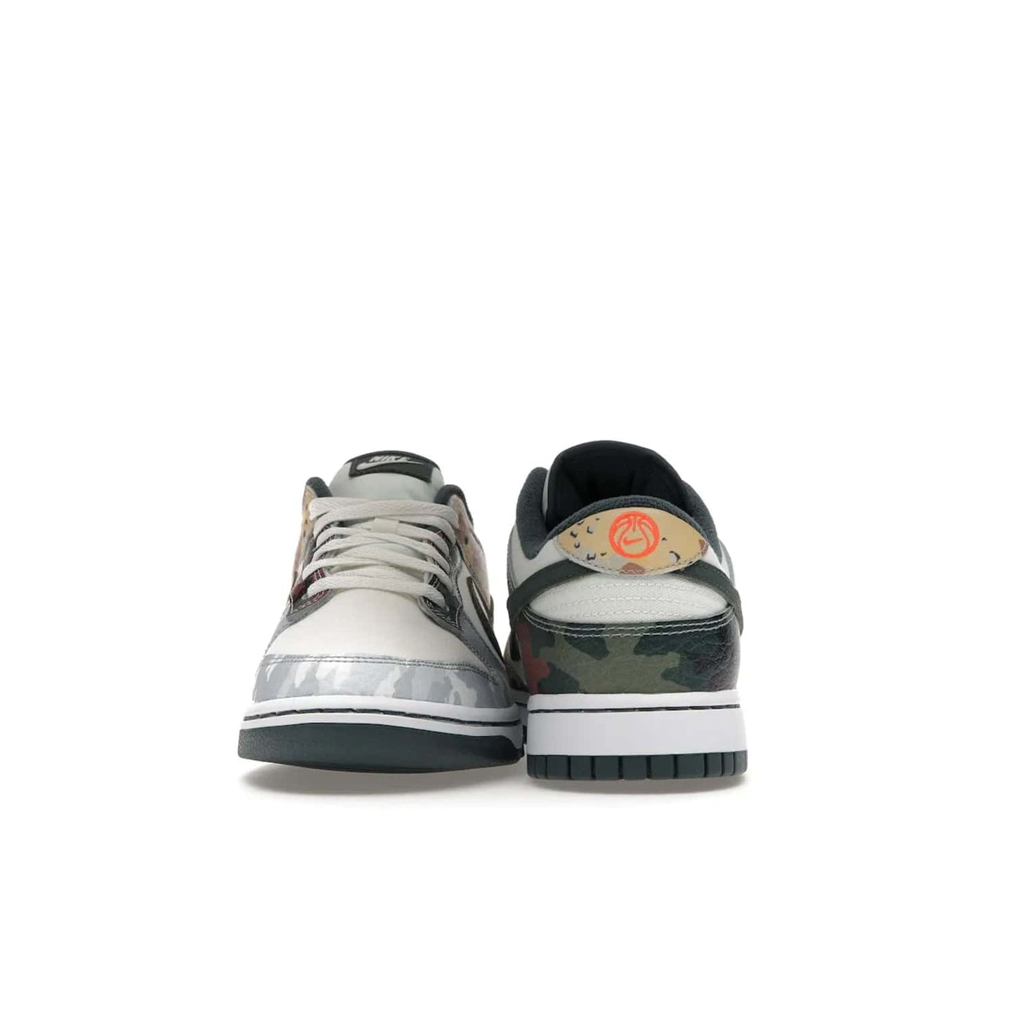 Nike Dunk Low SE Sail Multi-Camo - Image 28 - Only at www.BallersClubKickz.com - Classic design meets statement style in the Nike Dunk Low SE Sail Multi-Camo. White leather base with multi-color camo overlays, vibrant Nike Swooshes, and orange Nike embroidery. Get yours August 2021.