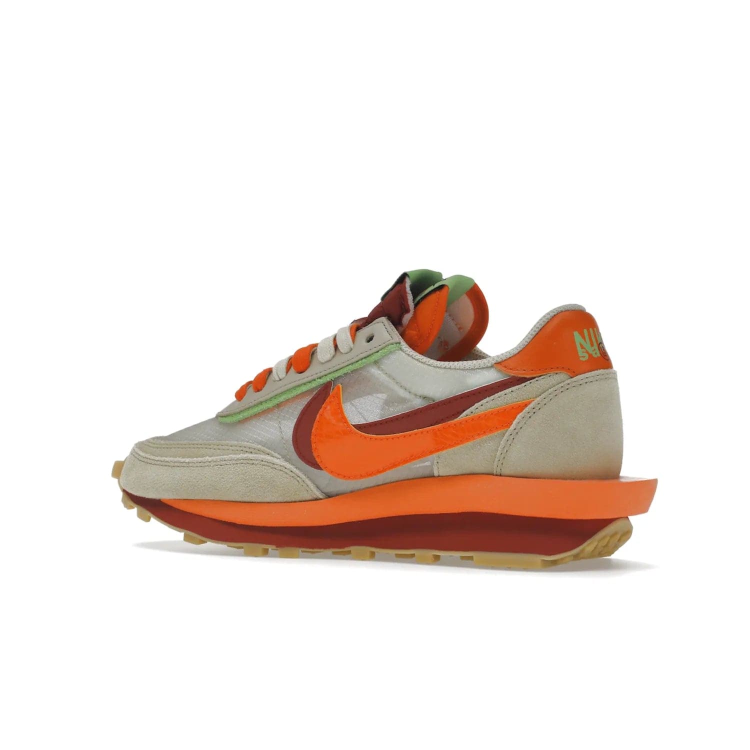 Nike LD Waffle sacai CLOT Kiss of Death Net Orange Blaze - Image 22 - Only at www.BallersClubKickz.com - A bold and stylish Nike LD Waffle sacai CLOT Kiss of Death Net Orange Blaze sneaker featuring a unique off-white, Deep Red & Orange Blaze Swooshes, two-toned stacked sole and doubled tongue. Available in September 2021. Make a statement.