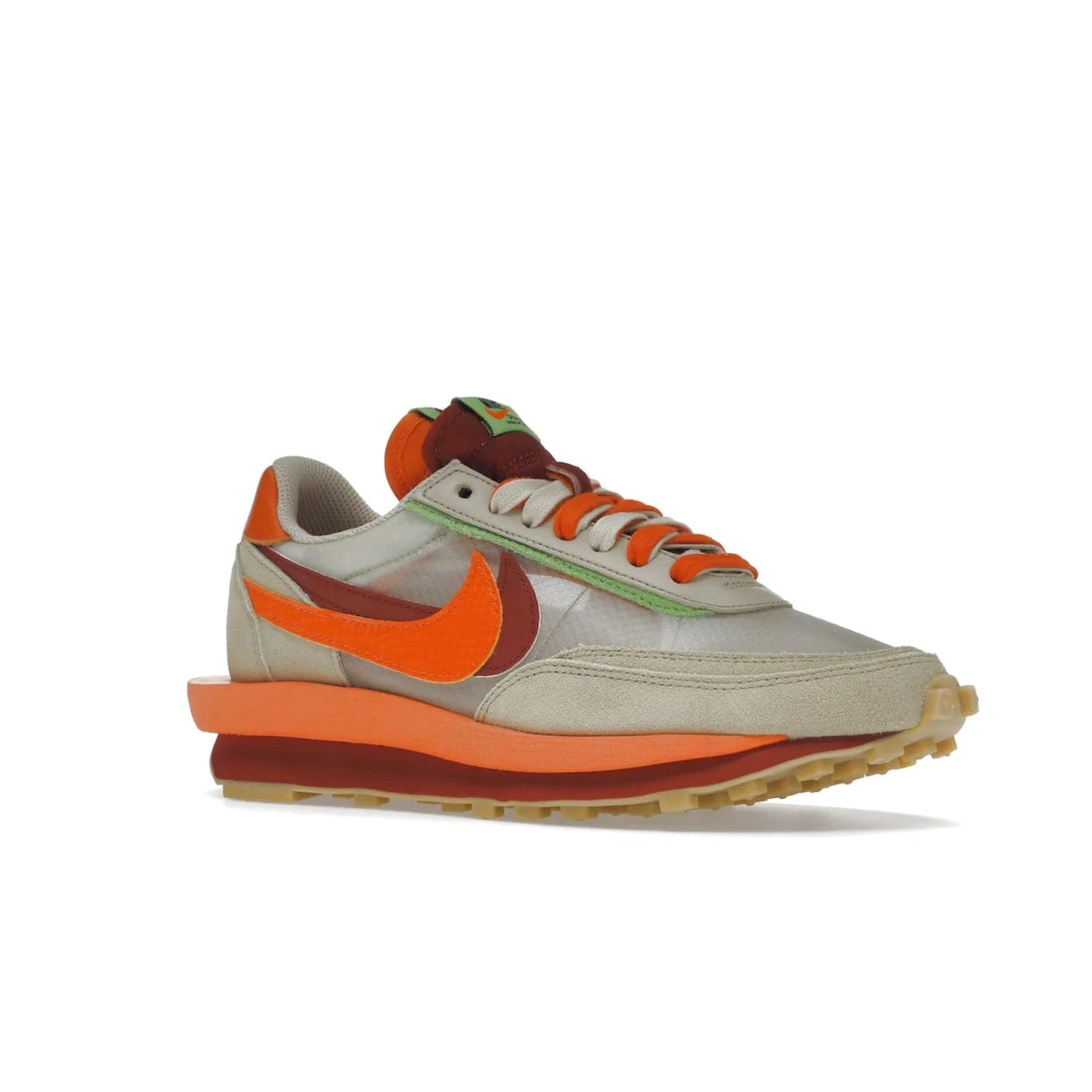 Nike LD Waffle sacai CLOT Kiss of Death Net Orange Blaze - Image 4 - Only at www.BallersClubKickz.com - A bold and stylish Nike LD Waffle sacai CLOT Kiss of Death Net Orange Blaze sneaker featuring a unique off-white, Deep Red & Orange Blaze Swooshes, two-toned stacked sole and doubled tongue. Available in September 2021. Make a statement.