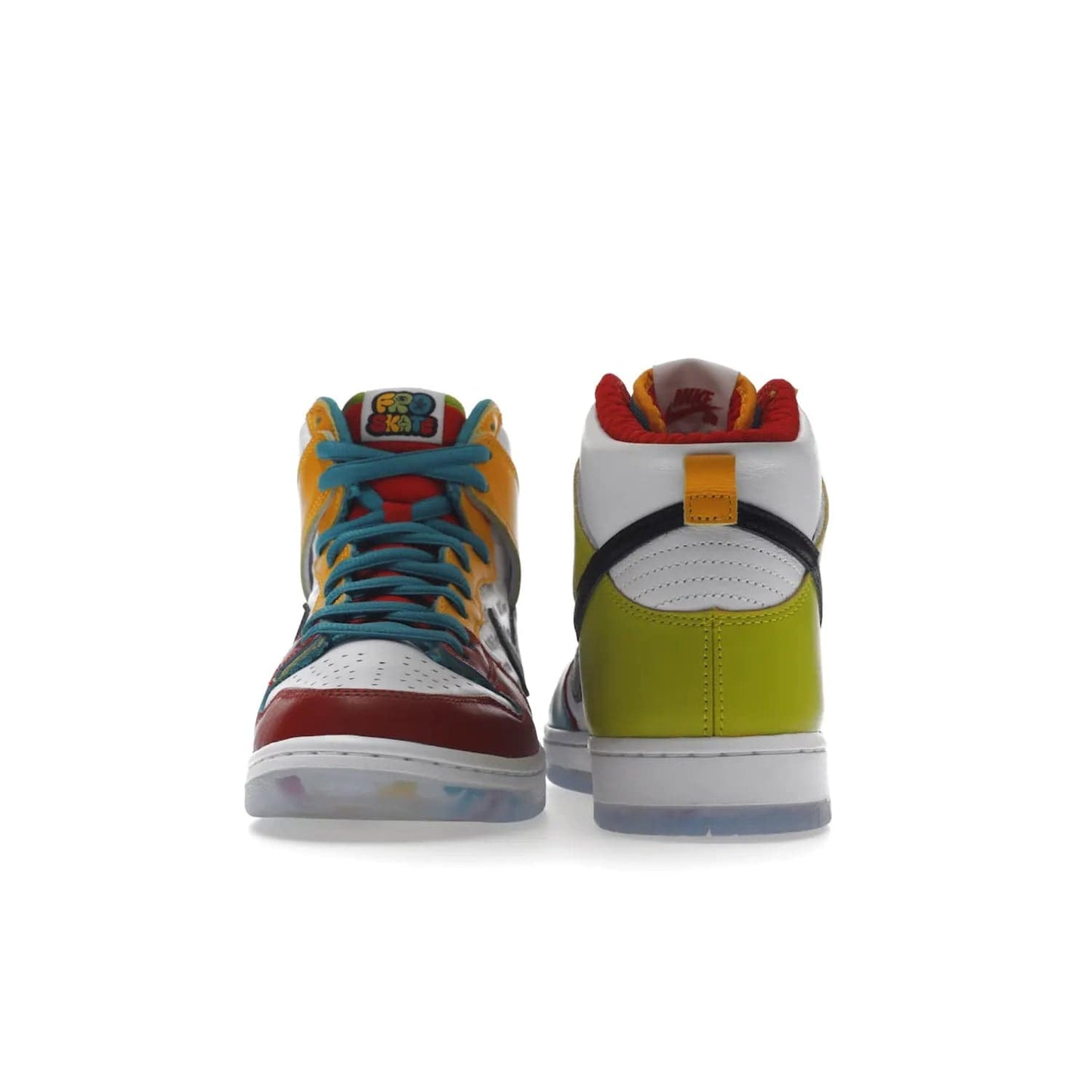 Nike SB Dunk High Pro froSkate All Love - Image 28 - Only at www.BallersClubKickz.com - Shop the latest Nike SB Dunk High Pro from FroSkate's 'All Love No Hate' line. 100% leather in a white and Metallic Gold-University Red colorway, featuring 'FroSkate' and 'All Love No Hate' branding on insoles, outsoles, tongue tags, and upper. Quilted inner liners and a heart-shaped perforated toe box for the perfect finish. Out November 30, 2022.