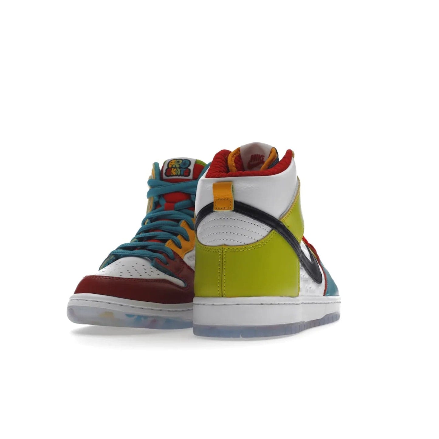 Nike SB Dunk High Pro froSkate All Love - Image 30 - Only at www.BallersClubKickz.com - Shop the latest Nike SB Dunk High Pro from FroSkate's 'All Love No Hate' line. 100% leather in a white and Metallic Gold-University Red colorway, featuring 'FroSkate' and 'All Love No Hate' branding on insoles, outsoles, tongue tags, and upper. Quilted inner liners and a heart-shaped perforated toe box for the perfect finish. Out November 30, 2022.