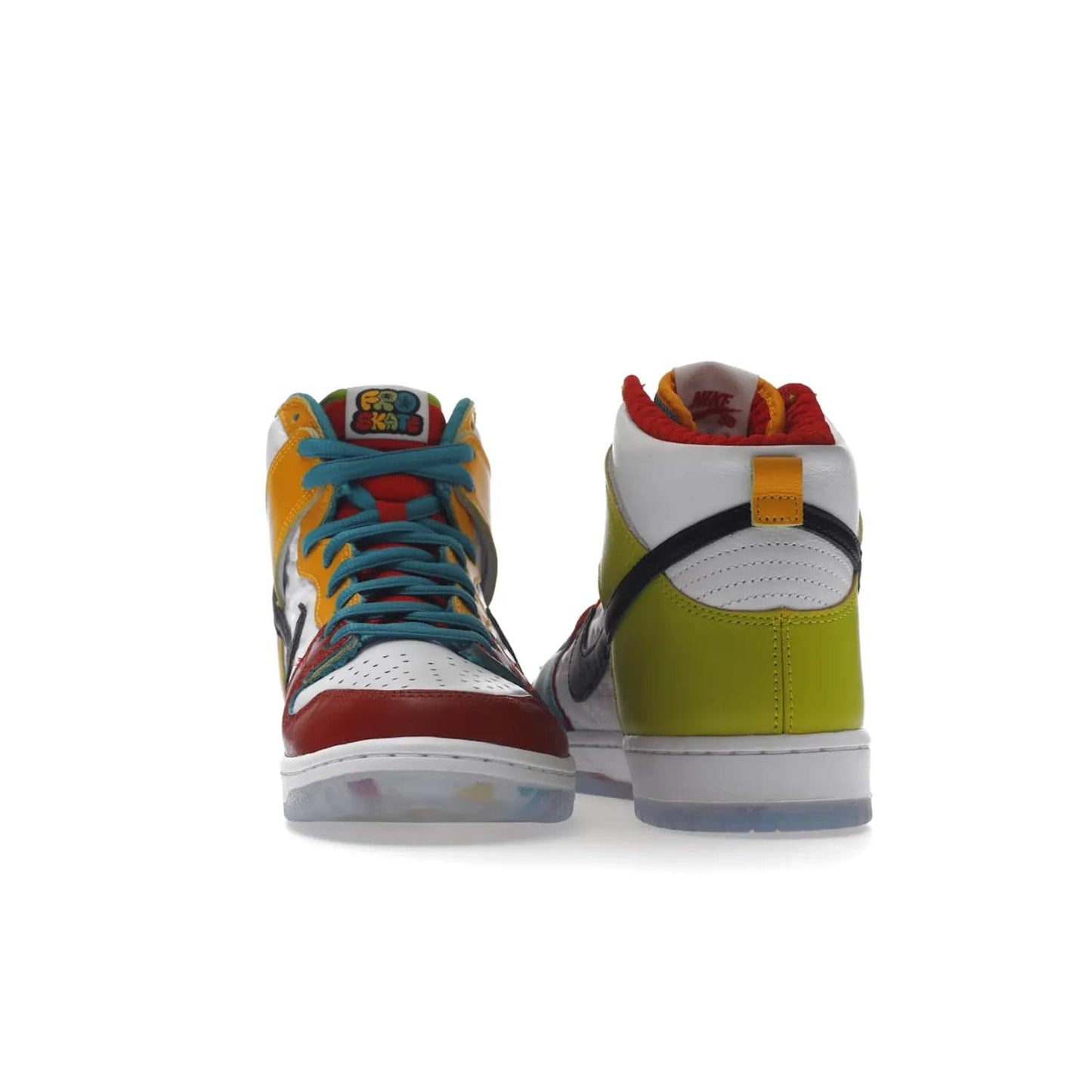 Nike SB Dunk High Pro froSkate All Love - Image 27 - Only at www.BallersClubKickz.com - Shop the latest Nike SB Dunk High Pro from FroSkate's 'All Love No Hate' line. 100% leather in a white and Metallic Gold-University Red colorway, featuring 'FroSkate' and 'All Love No Hate' branding on insoles, outsoles, tongue tags, and upper. Quilted inner liners and a heart-shaped perforated toe box for the perfect finish. Out November 30, 2022.