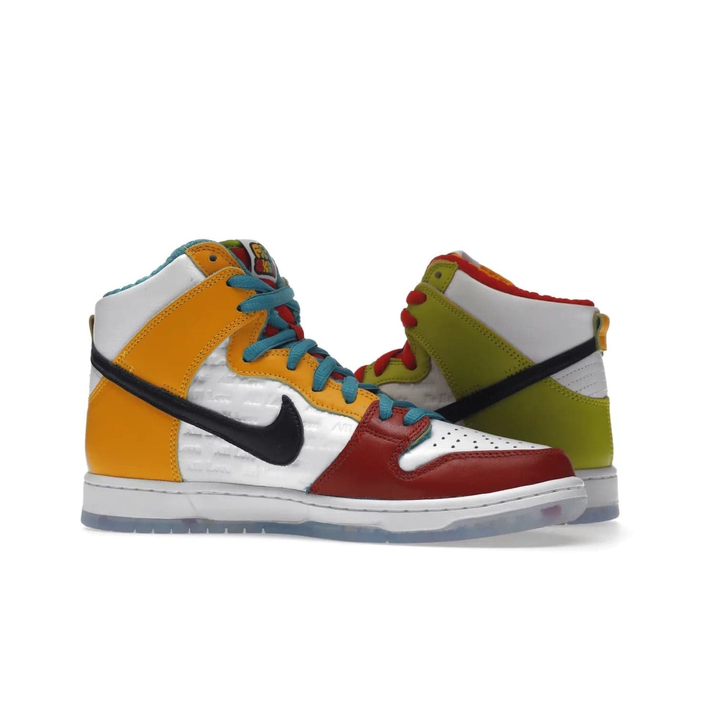 Nike SB Dunk High Pro froSkate All Love - Image 21 - Only at www.BallersClubKickz.com - Shop the latest Nike SB Dunk High Pro from FroSkate's 'All Love No Hate' line. 100% leather in a white and Metallic Gold-University Red colorway, featuring 'FroSkate' and 'All Love No Hate' branding on insoles, outsoles, tongue tags, and upper. Quilted inner liners and a heart-shaped perforated toe box for the perfect finish. Out November 30, 2022.