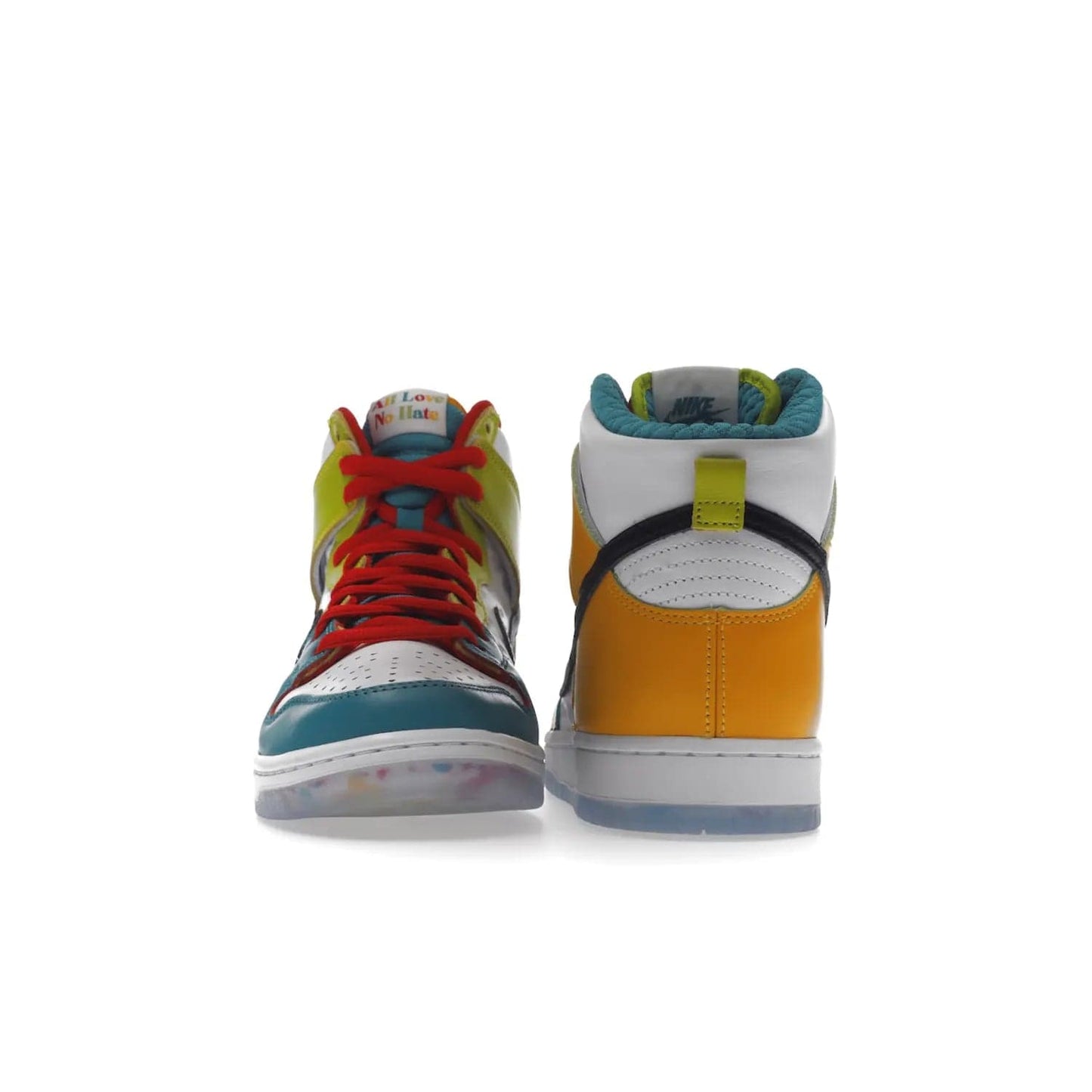 Nike SB Dunk High Pro froSkate All Love - Image 10 - Only at www.BallersClubKickz.com - Shop the latest Nike SB Dunk High Pro from FroSkate's 'All Love No Hate' line. 100% leather in a white and Metallic Gold-University Red colorway, featuring 'FroSkate' and 'All Love No Hate' branding on insoles, outsoles, tongue tags, and upper. Quilted inner liners and a heart-shaped perforated toe box for the perfect finish. Out November 30, 2022.